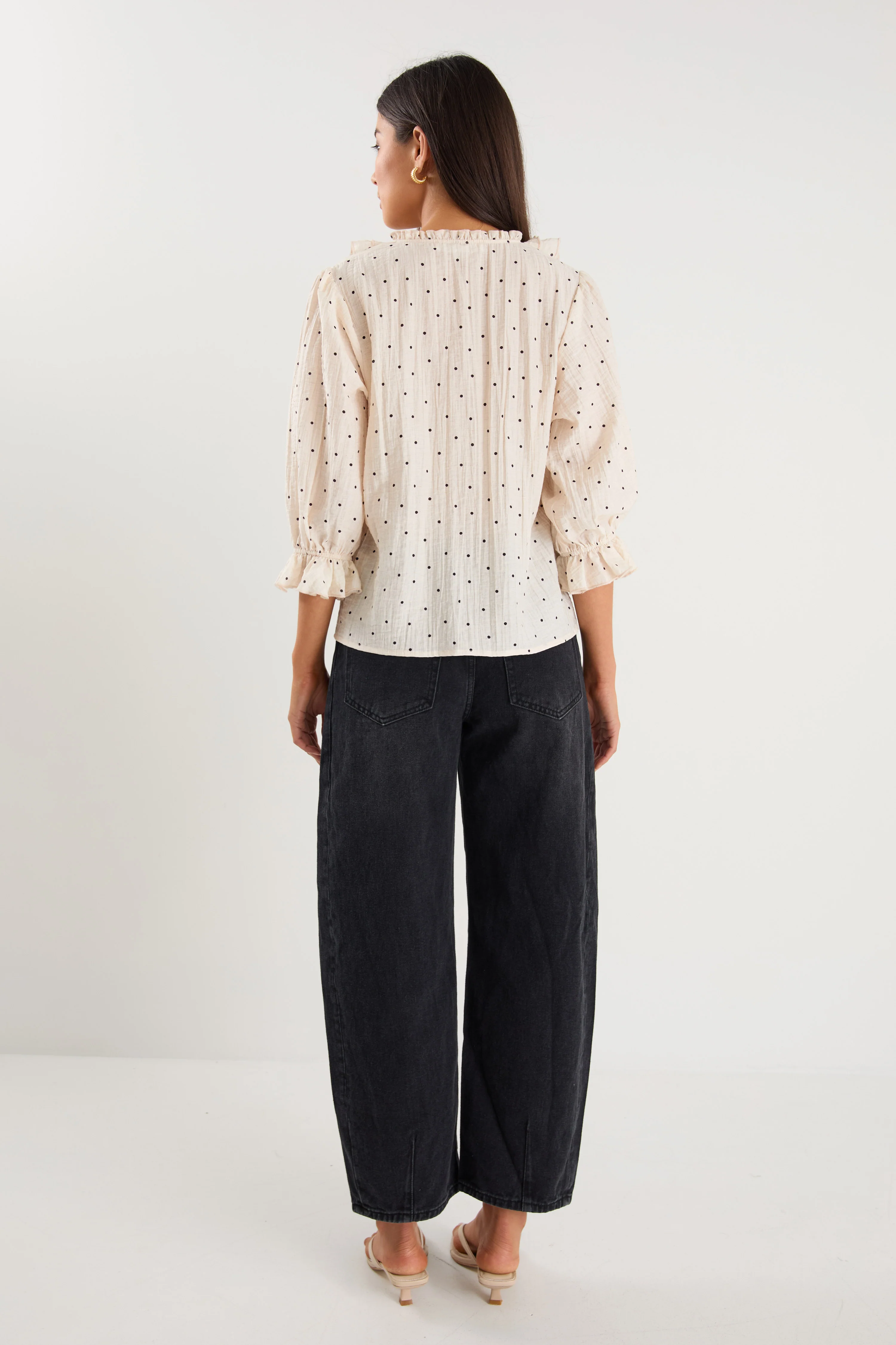 Garnish Cream Black Polka Dot Frill Front Mid Sleeve Top - Image 7