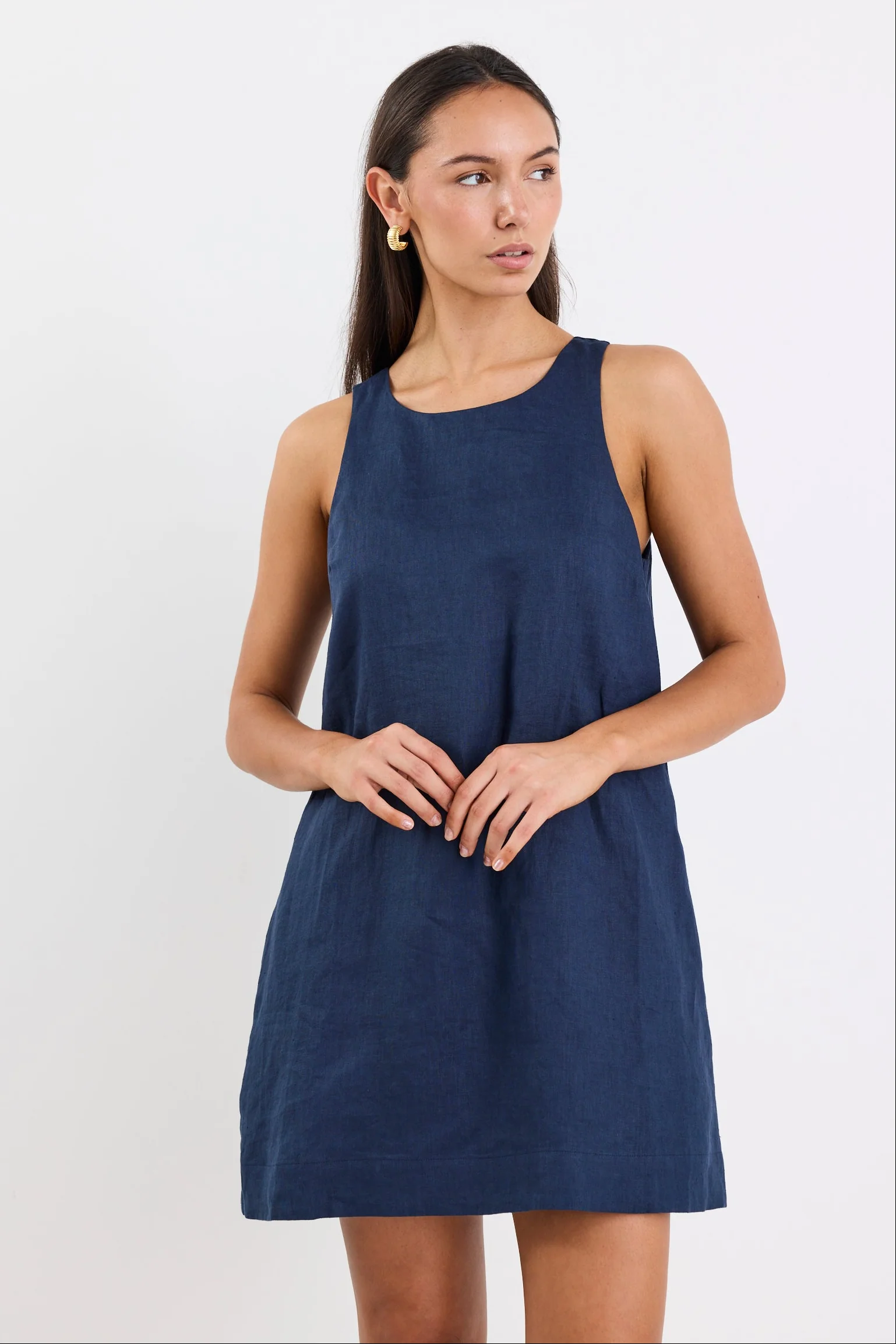 Generous Navy Linen Sleeveless Mini Dress - Image 2