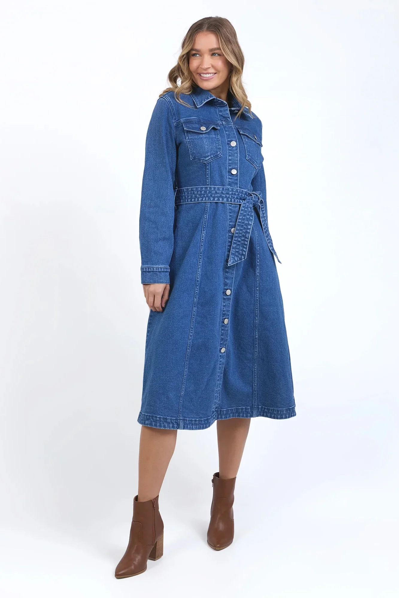 Genevieve Mid Blue LS Denim Midi Dress - Image 2