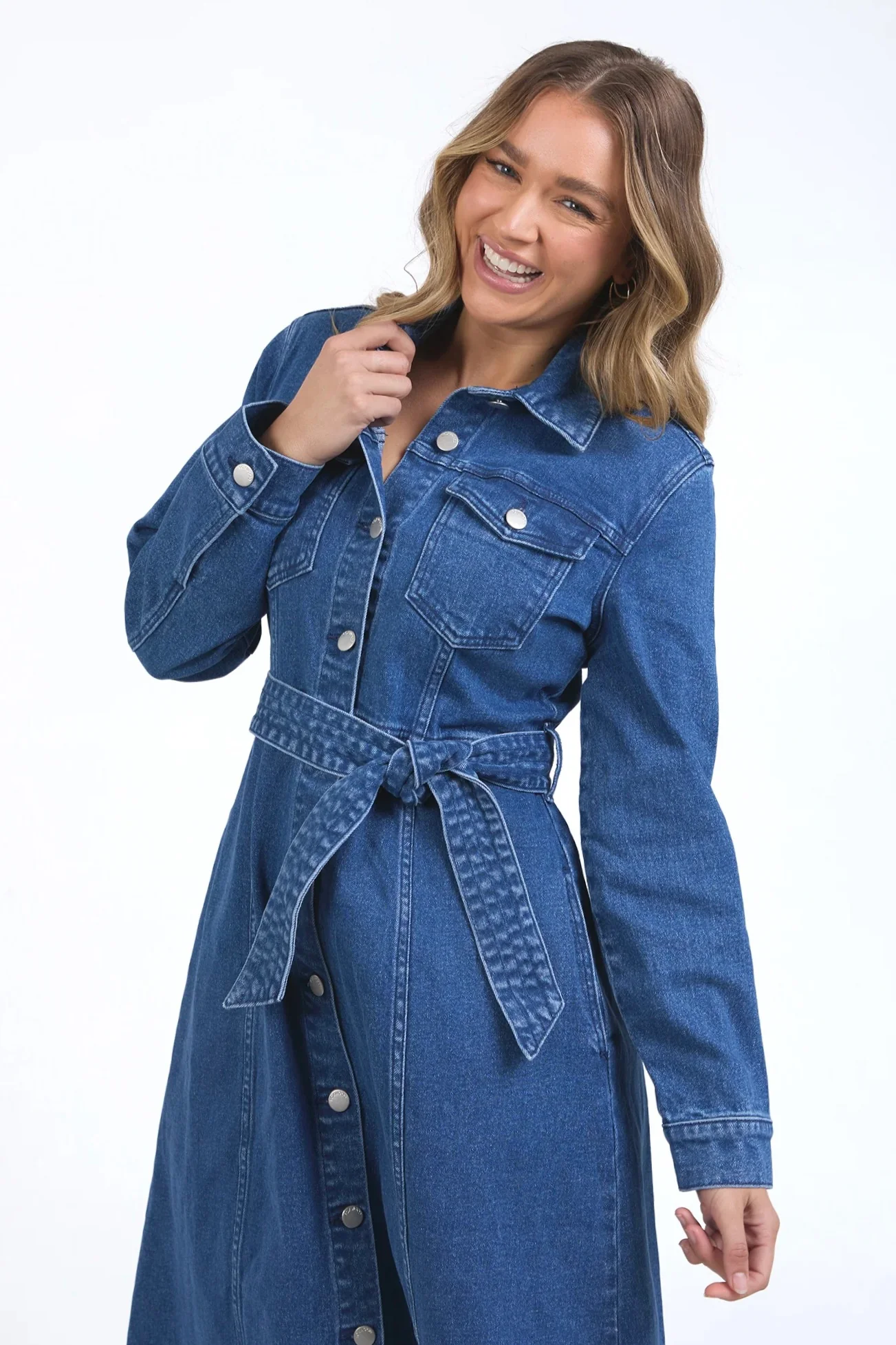 Genevieve Mid Blue LS Denim Midi Dress - Image 3