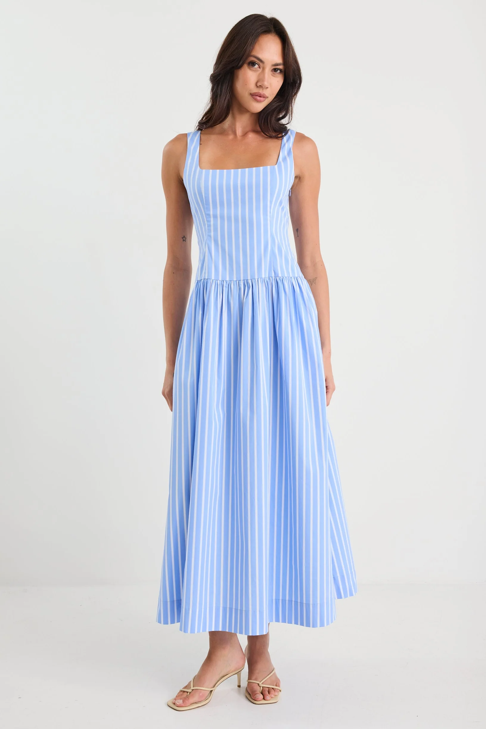Gilded Blue Stripe Sleeveless Square Neck Maxi Dress - Image 2