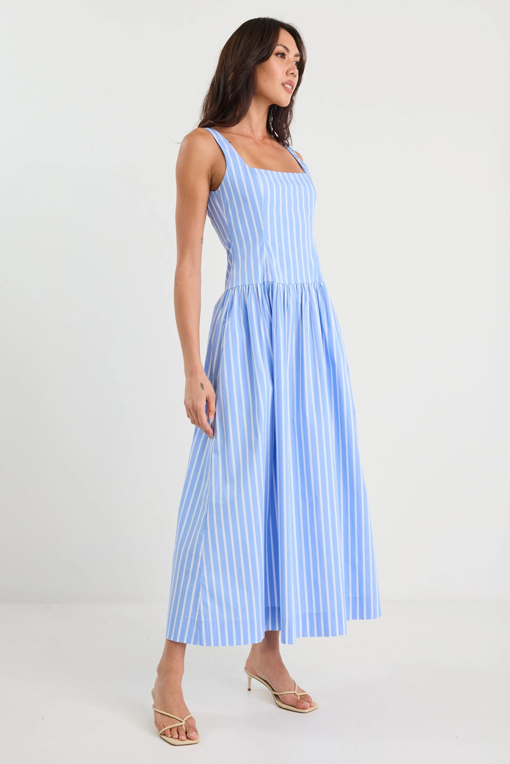 Gilded Blue Stripe Sleeveless Square Neck Maxi Dress - Image 4