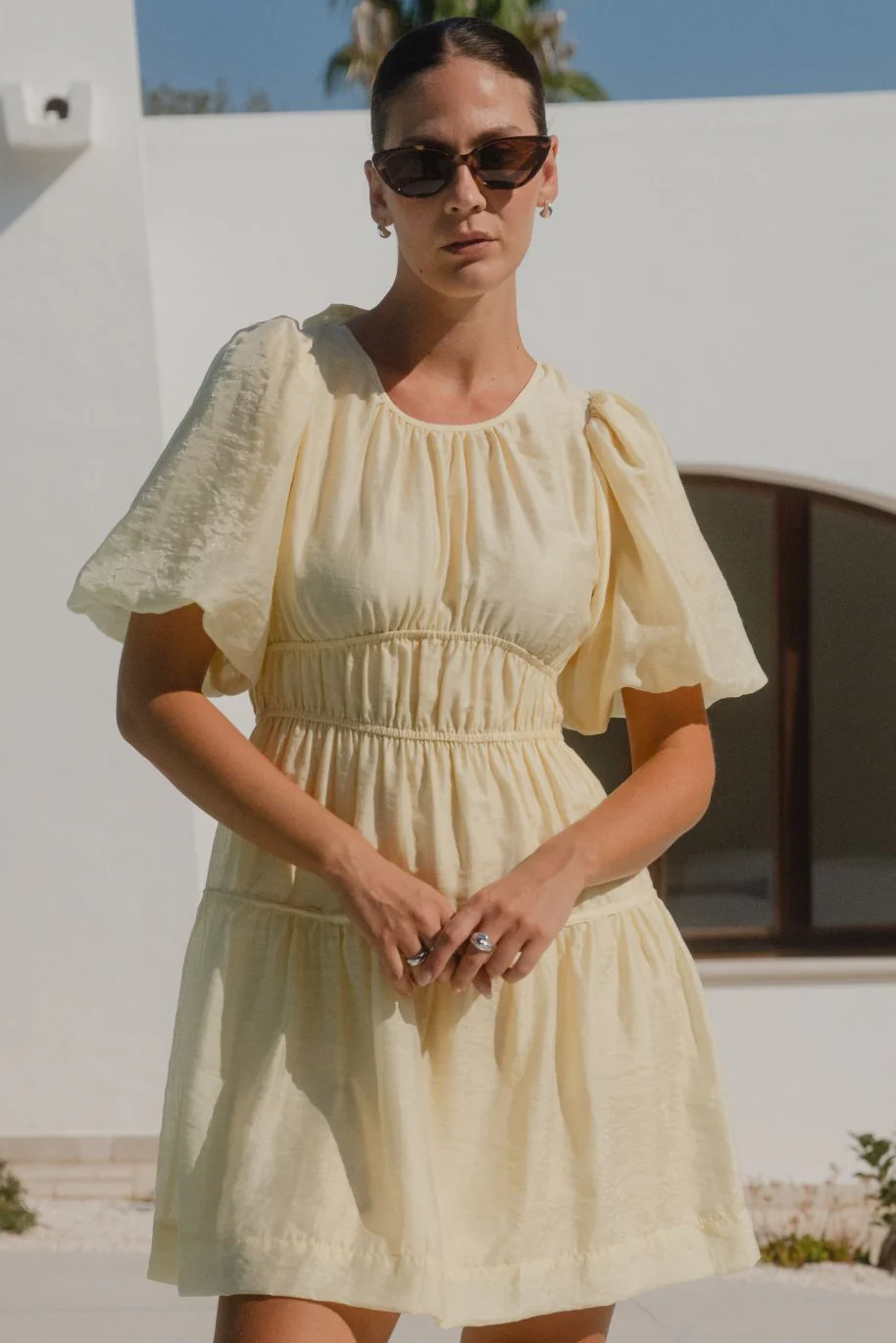 Girlfriend Butter Puff Sleeve Tie Back Mini Dress
