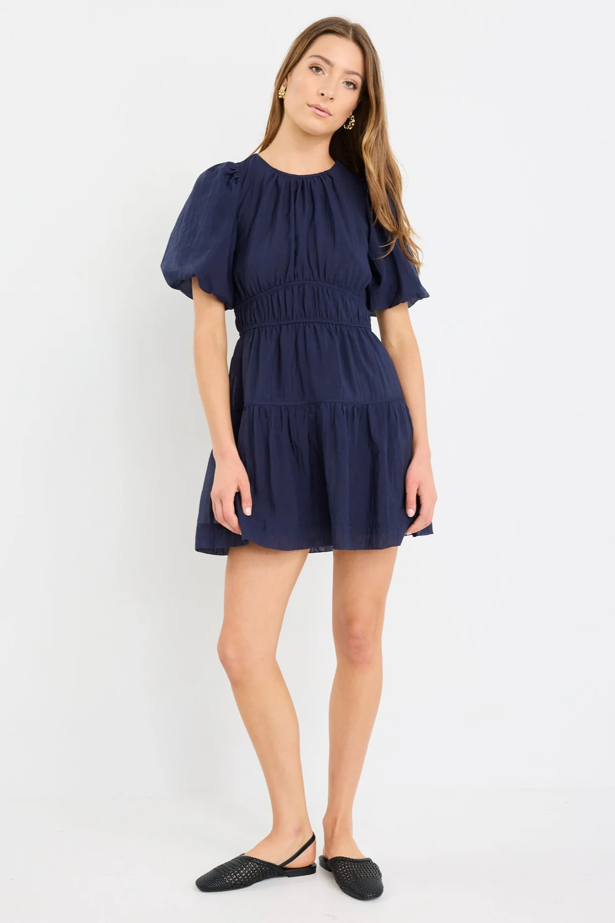 Girlfriend Navy Puff Sleeve Tie Back Mini Dress - Image 2