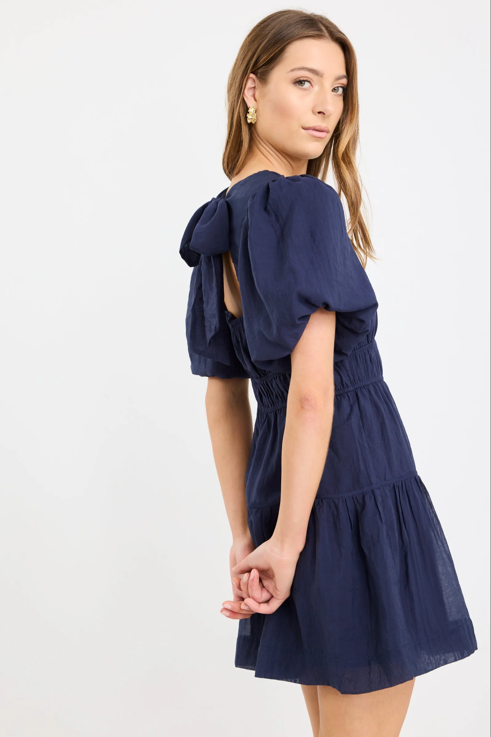 Girlfriend Navy Puff Sleeve Tie Back Mini Dress - Image 3