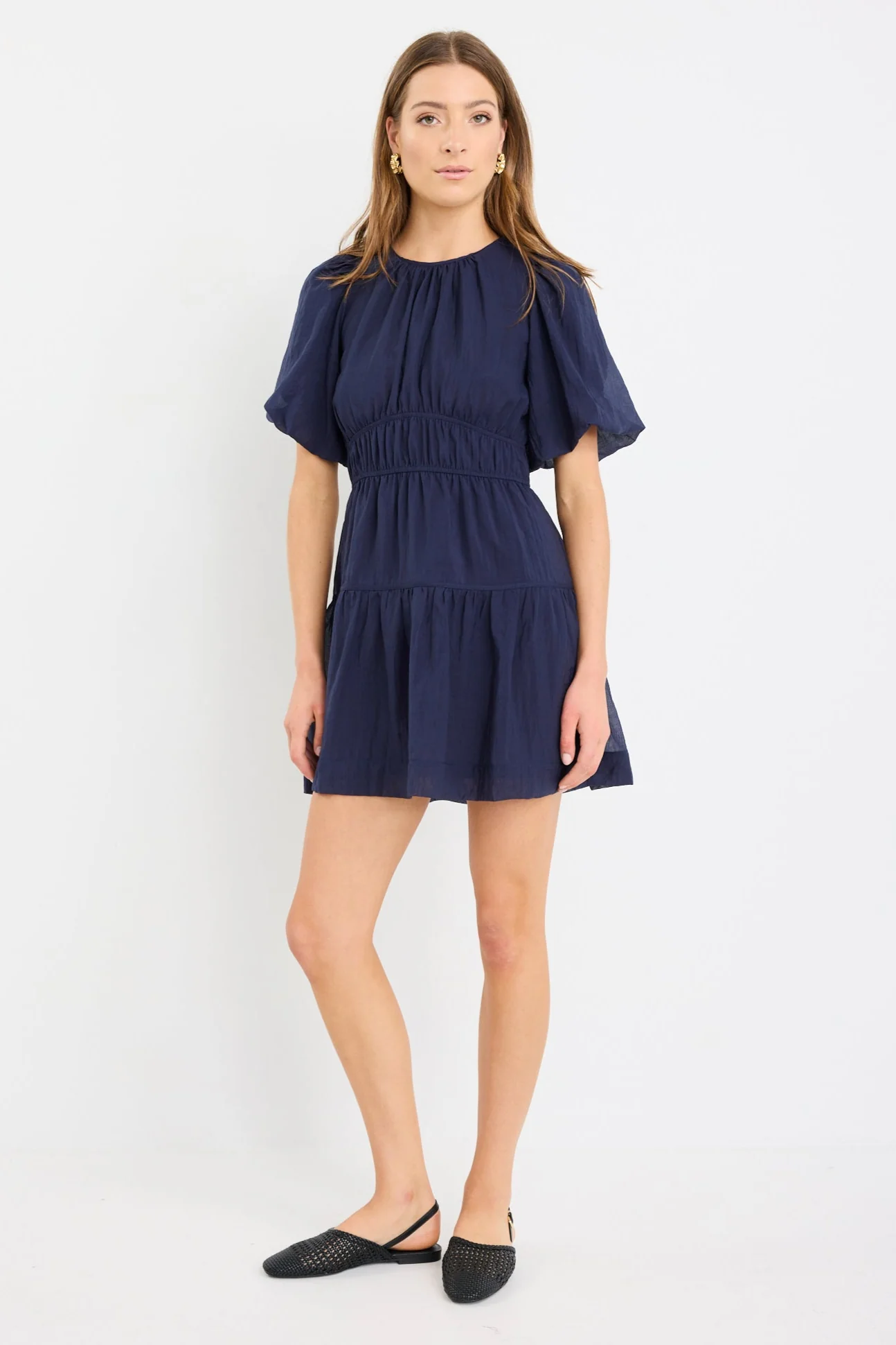 Girlfriend Navy Puff Sleeve Tie Back Mini Dress - Image 5