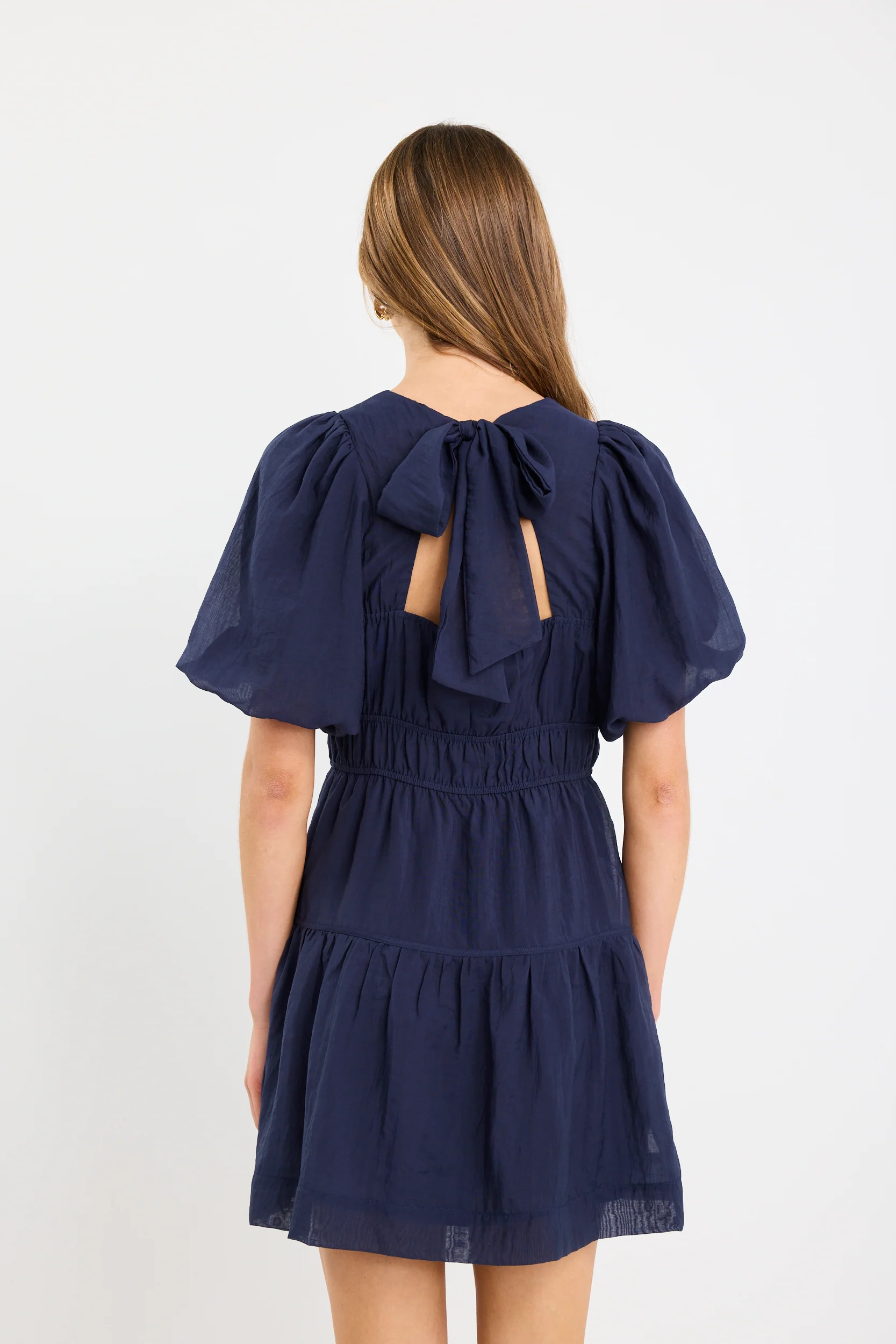 Girlfriend Navy Puff Sleeve Tie Back Mini Dress - Image 6