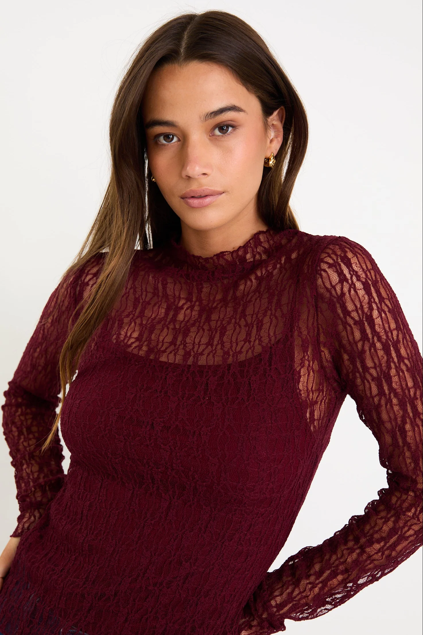 Giving Burgundy Lace Long Sleeve Top - Image 2