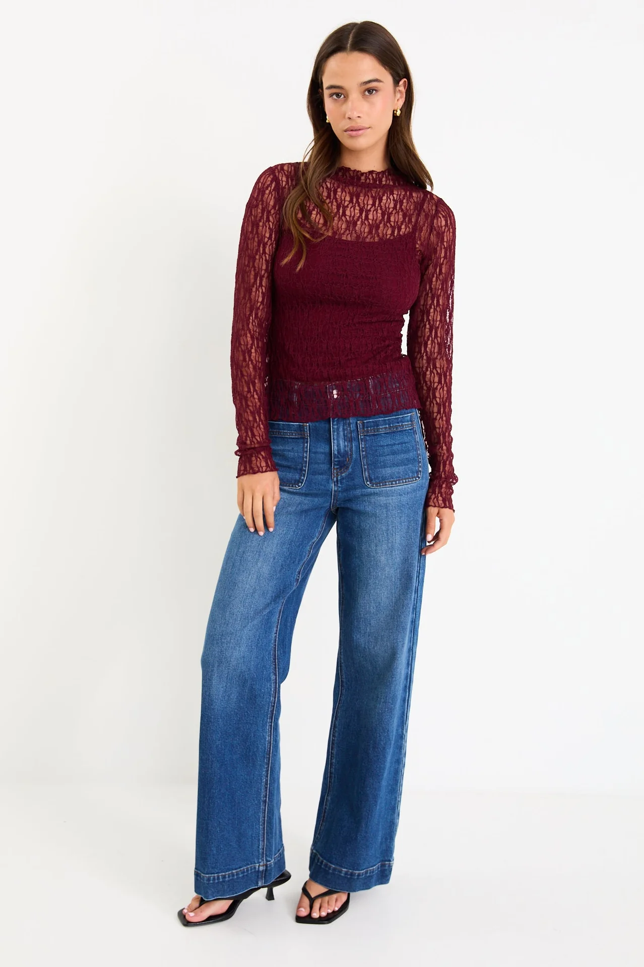 Giving Burgundy Lace Long Sleeve Top - Image 3