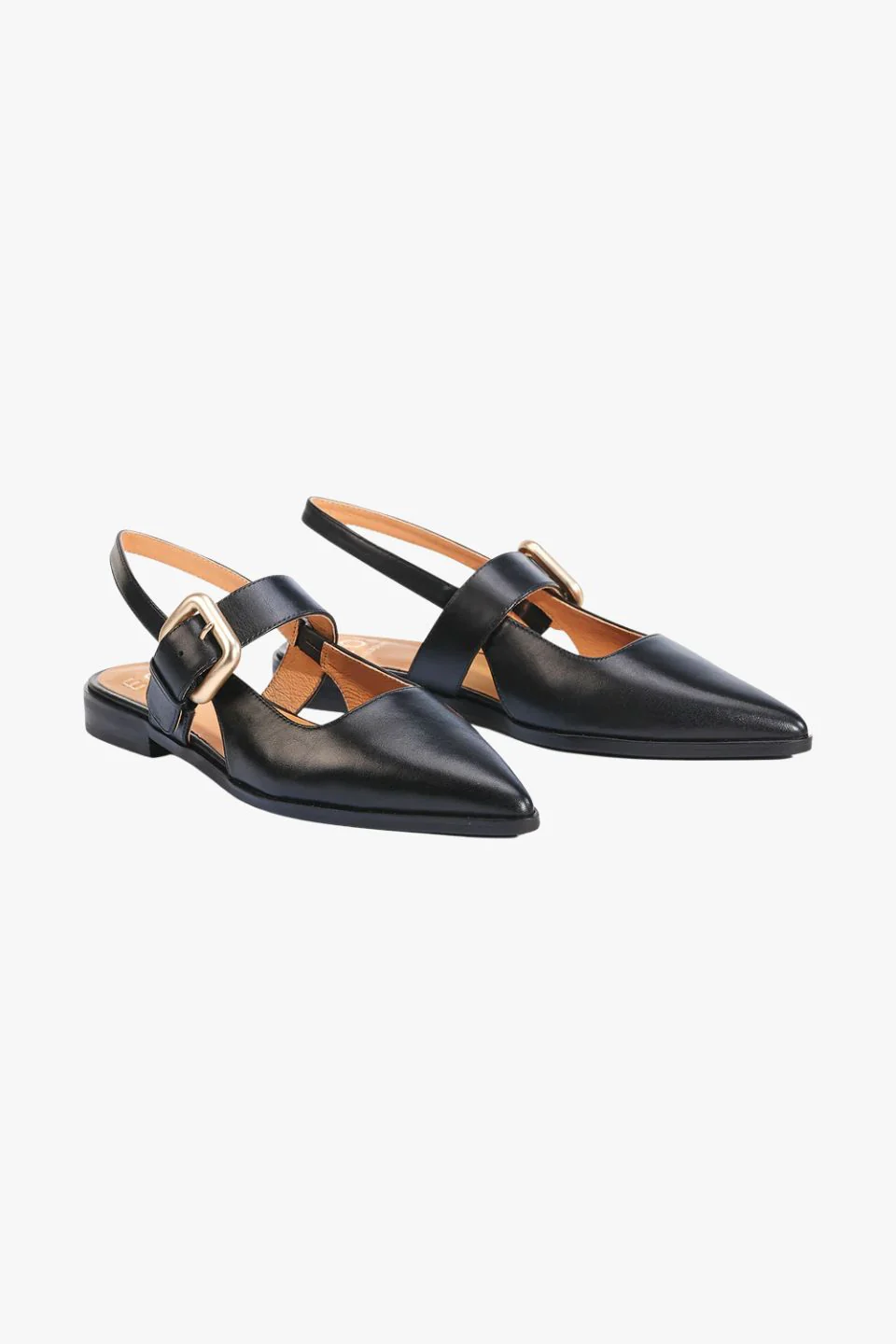 Goldie Black Leather Gold Buckle Point Slingback Flats - Image 3