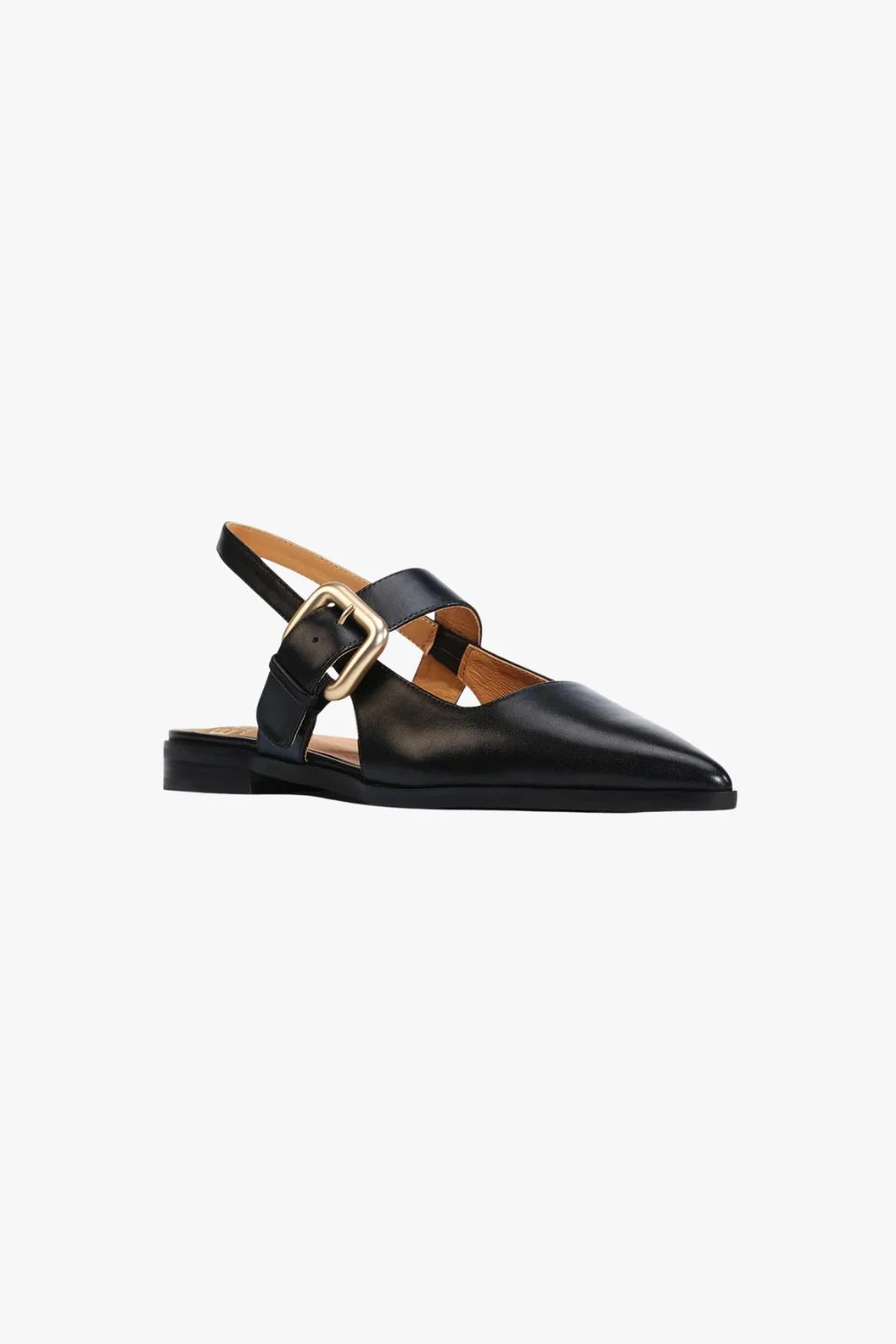 Goldie Black Leather Gold Buckle Point Slingback Flats - Image 4
