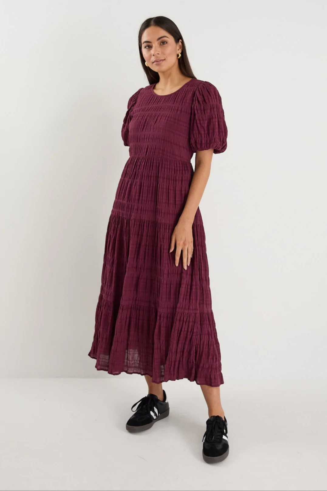 Graceful Burgundy Shirred Cotton Bubble Short Sleeve Tiered Maxi Dress - Image 3