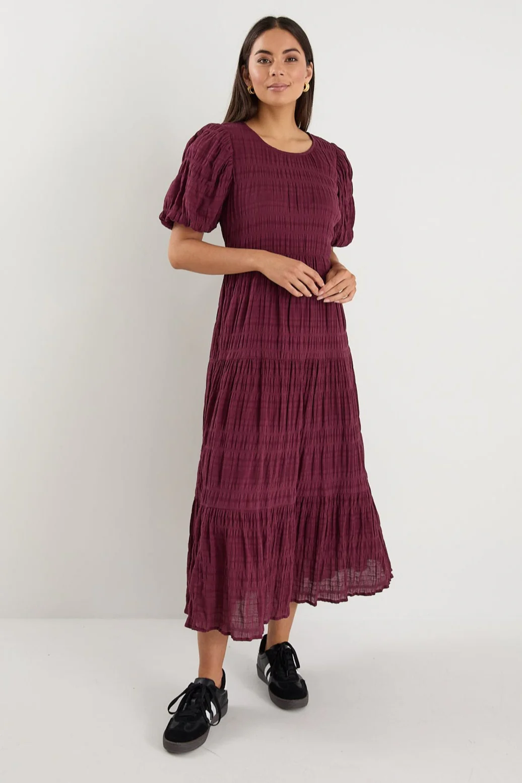 Graceful Burgundy Shirred Cotton Bubble Short Sleeve Tiered Maxi Dress - Image 4