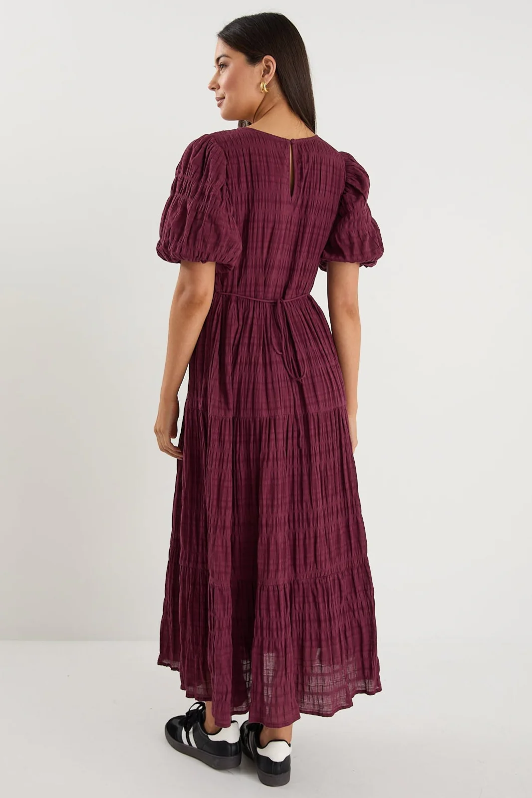 Graceful Burgundy Shirred Cotton Bubble Short Sleeve Tiered Maxi Dress - Image 5