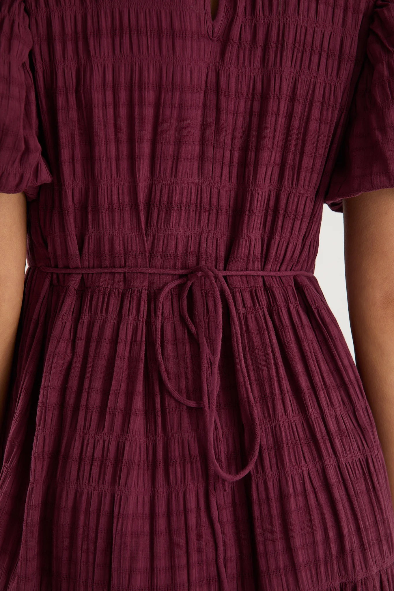 Graceful Burgundy Shirred Cotton Bubble Short Sleeve Tiered Maxi Dress - Image 6
