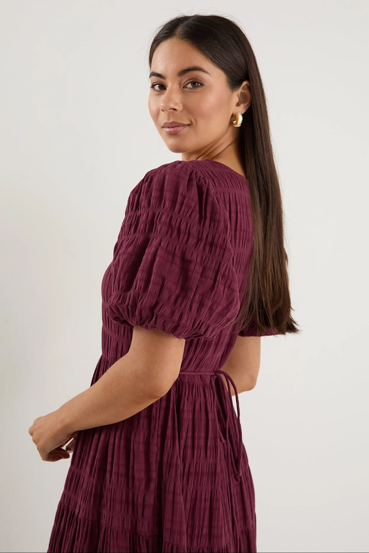 Graceful Burgundy Shirred Cotton Bubble Short Sleeve Tiered Maxi Dress - Image 7