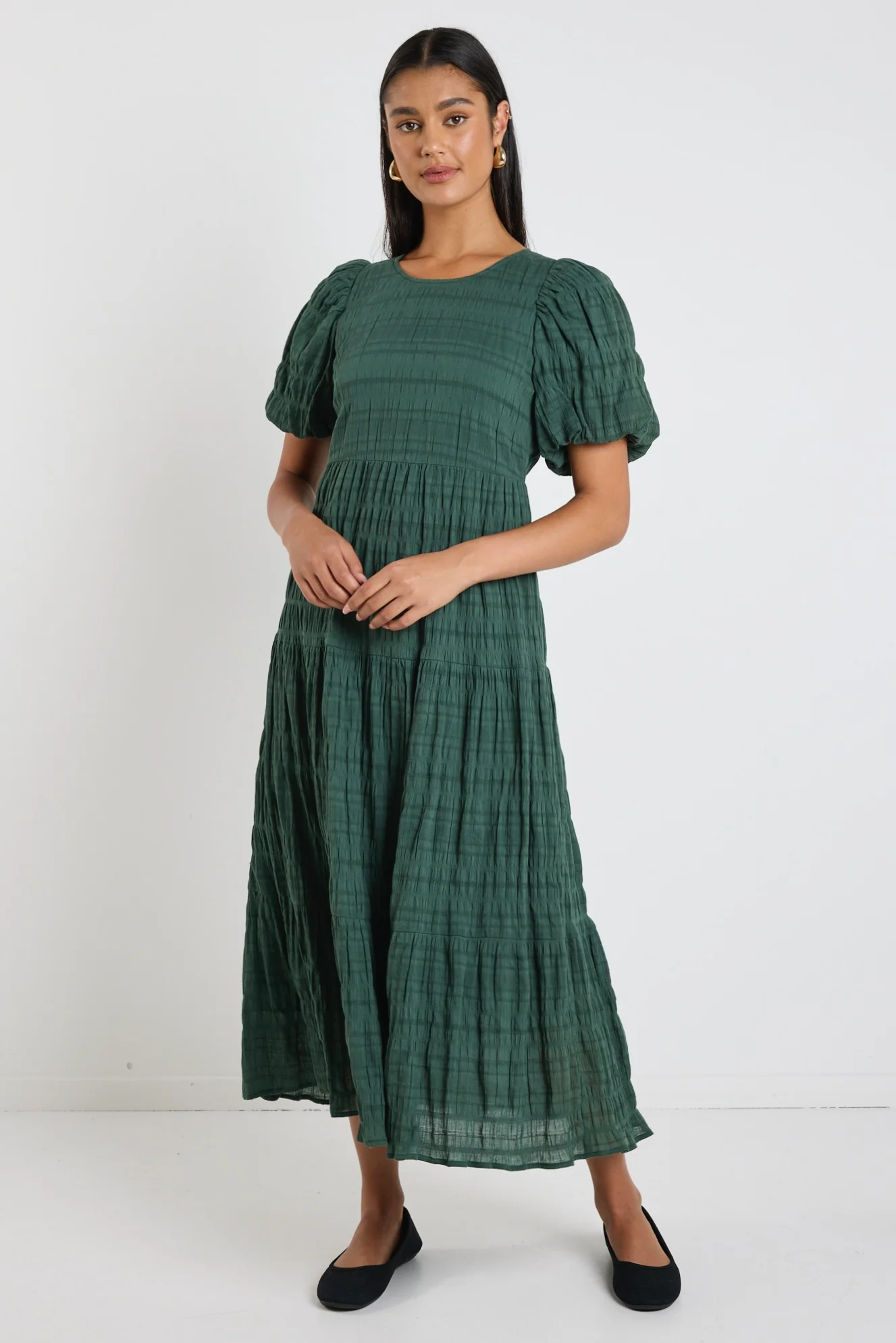 Graceful Forest Bubble Short Sleeve Tiered Maxi Dress - Image 4