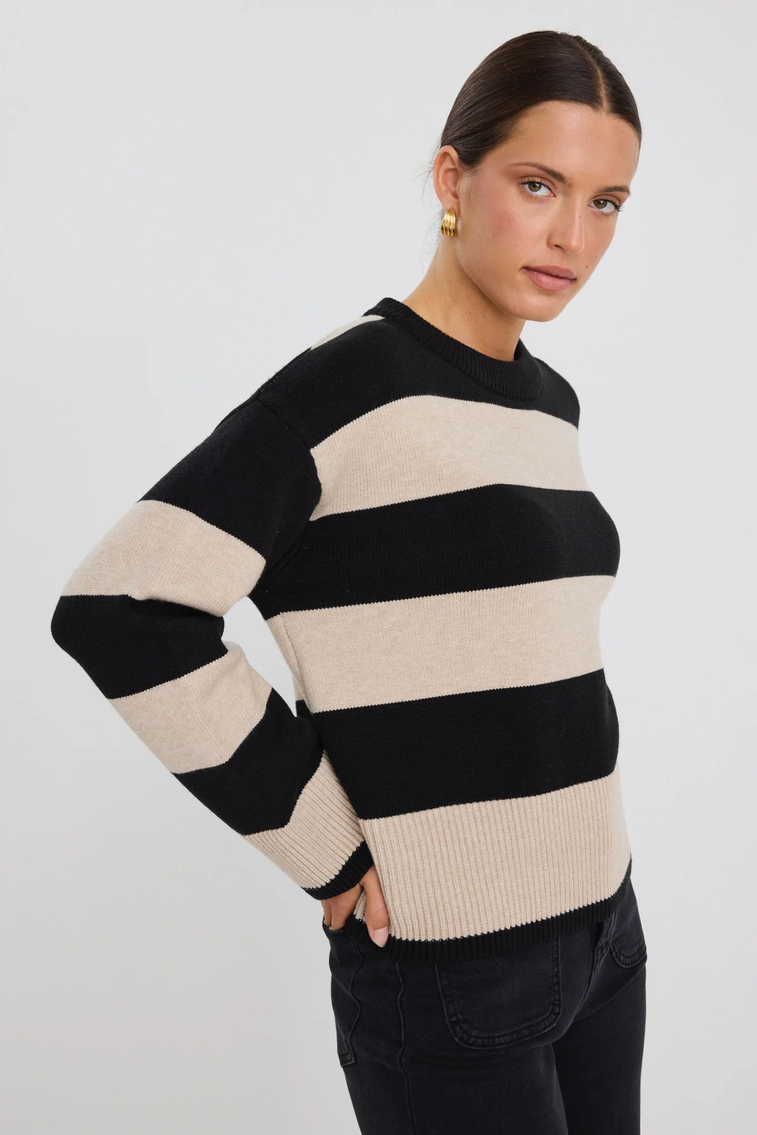 Gravity Black & Stone Stripe Crew Neck Knit Jumper - Image 4