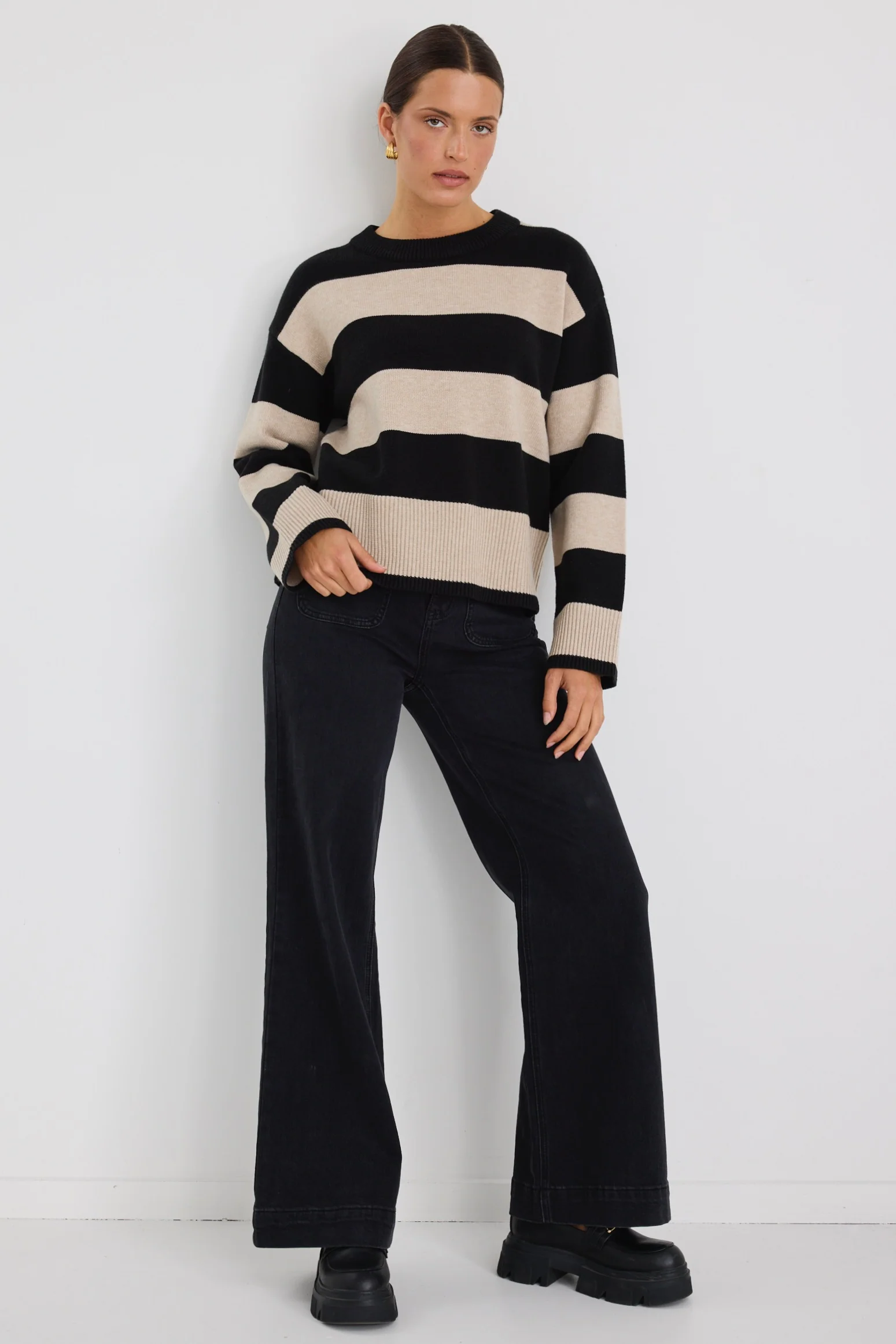 Gravity Black & Stone Stripe Crew Neck Knit Jumper - Image 5