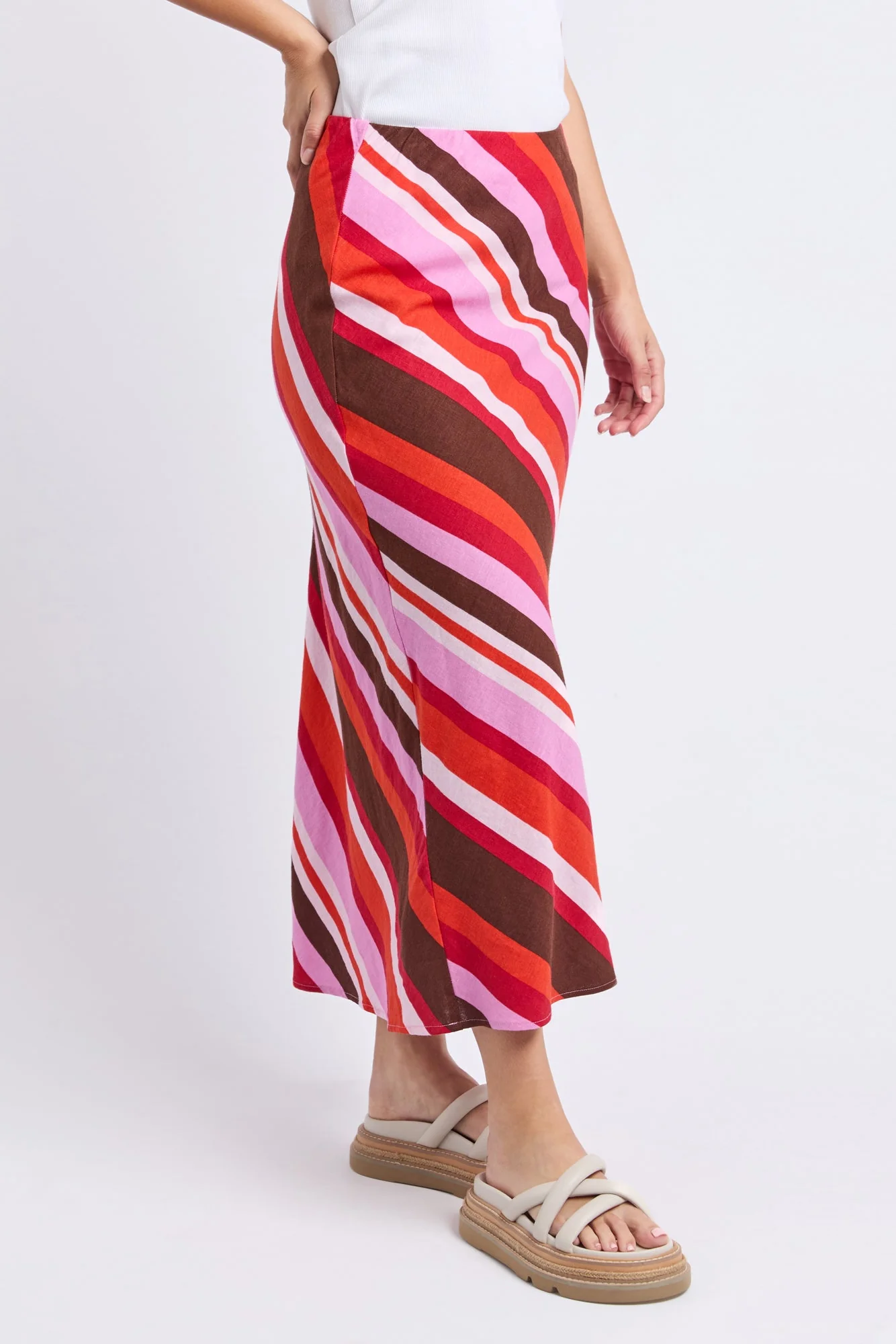 Guava Pink Stripe Bias Midi Skirt - Image 2