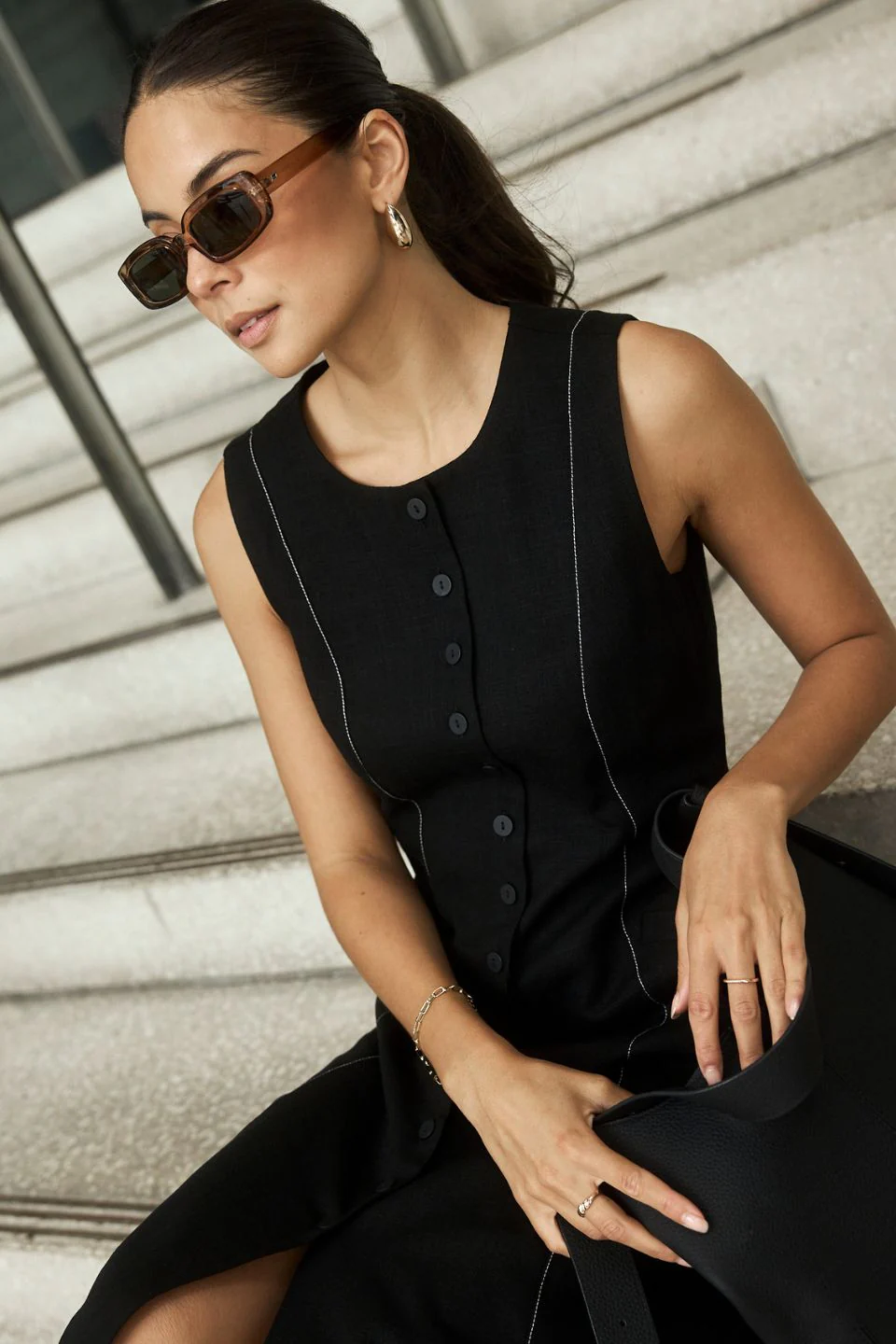 Guide Black Contrast Stitch Maxi Vest Dress - Image 3