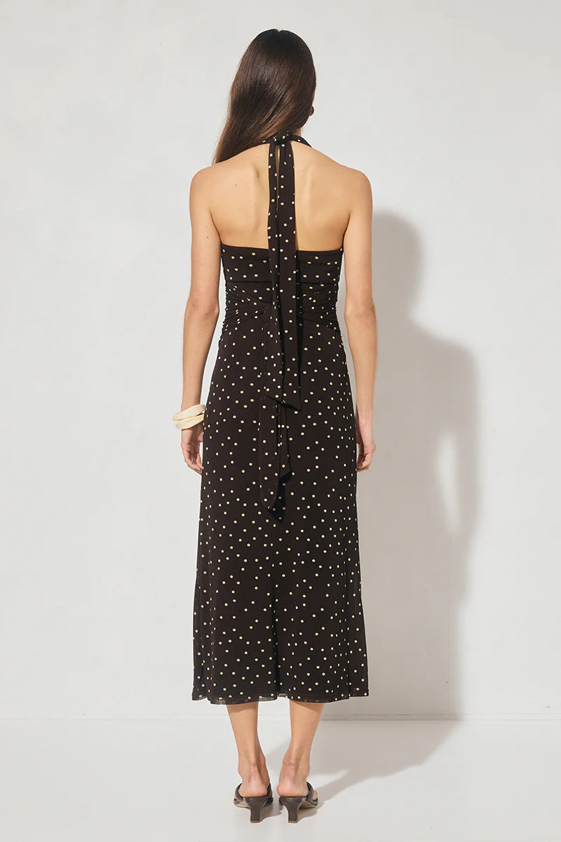 Halston Chocolate Polka Dot Mesh Halter Midi Dress - Image 4