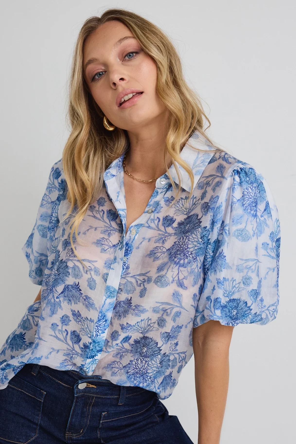 Harmony Blue Floral Bubble Sleeve Shirt - Image 3