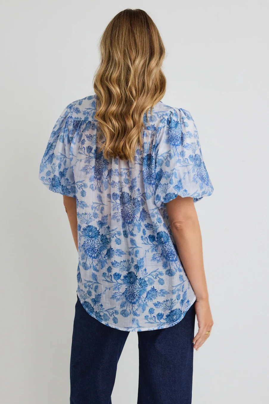Harmony Blue Floral Bubble Sleeve Shirt - Image 4
