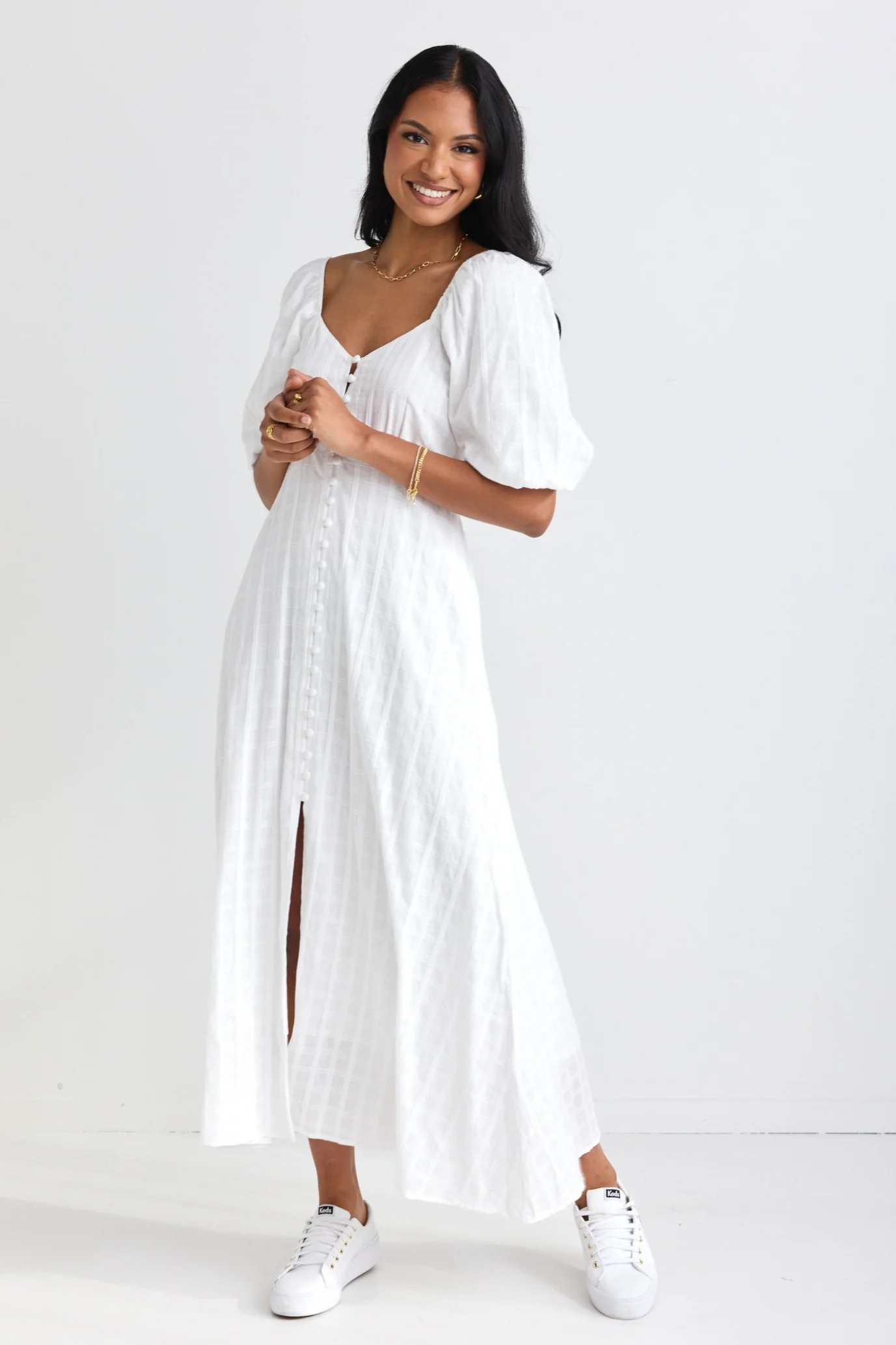 Heartfelt Ivory Check SS Button Front Midi Dress - Image 5