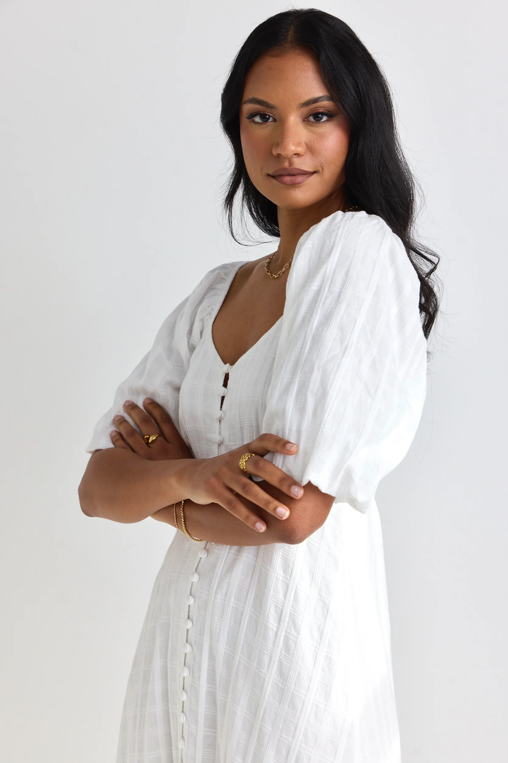 Heartfelt Ivory Check SS Button Front Midi Dress - Image 6