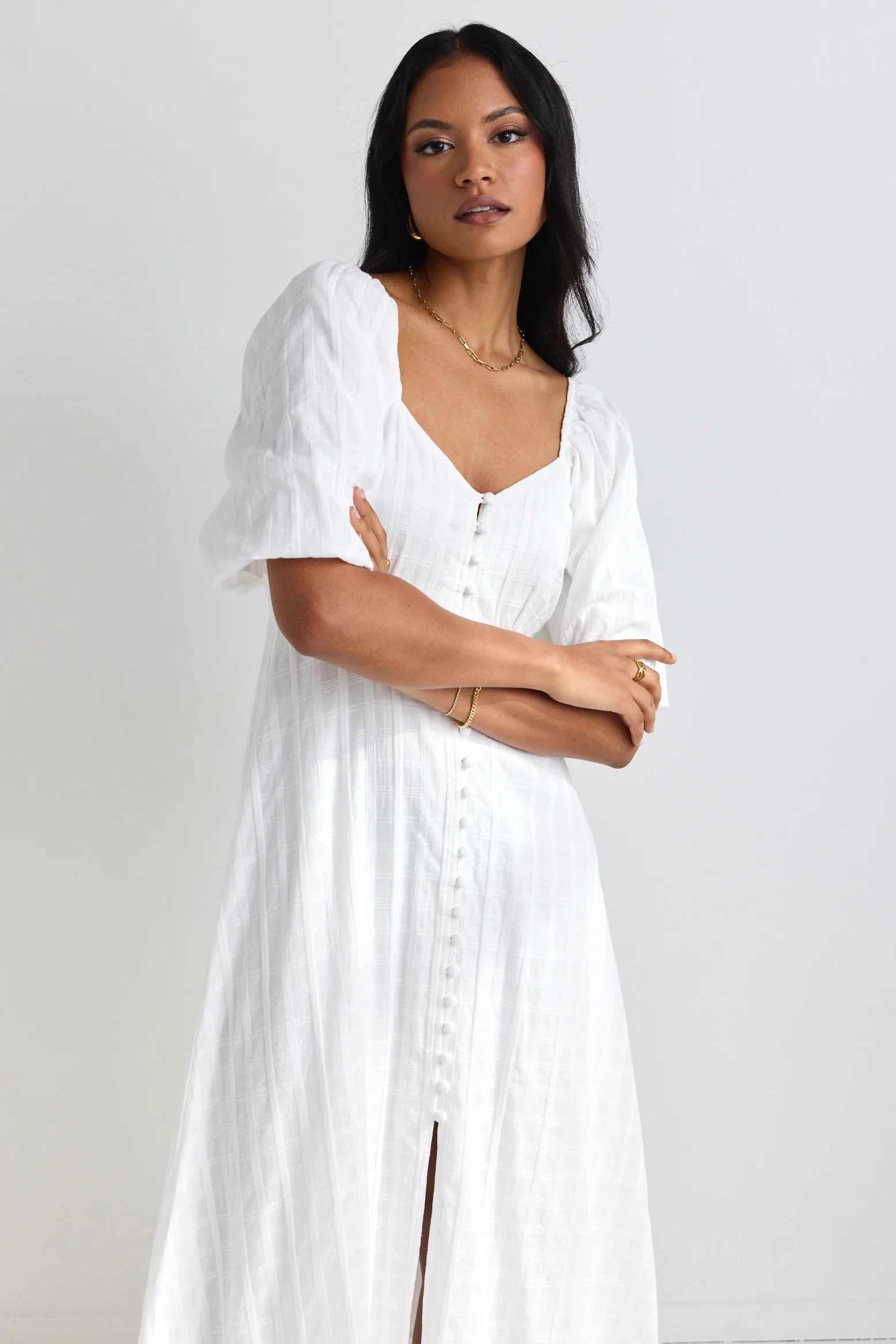 Heartfelt Ivory Check SS Button Front Midi Dress - Image 7
