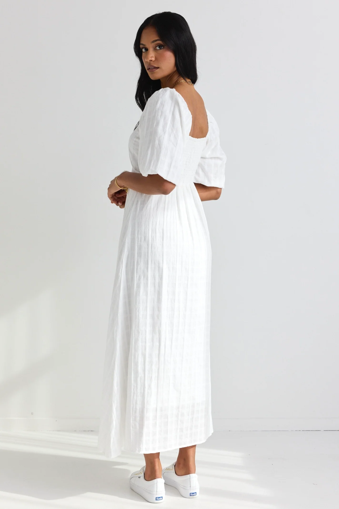 Heartfelt Ivory Check SS Button Front Midi Dress - Image 8