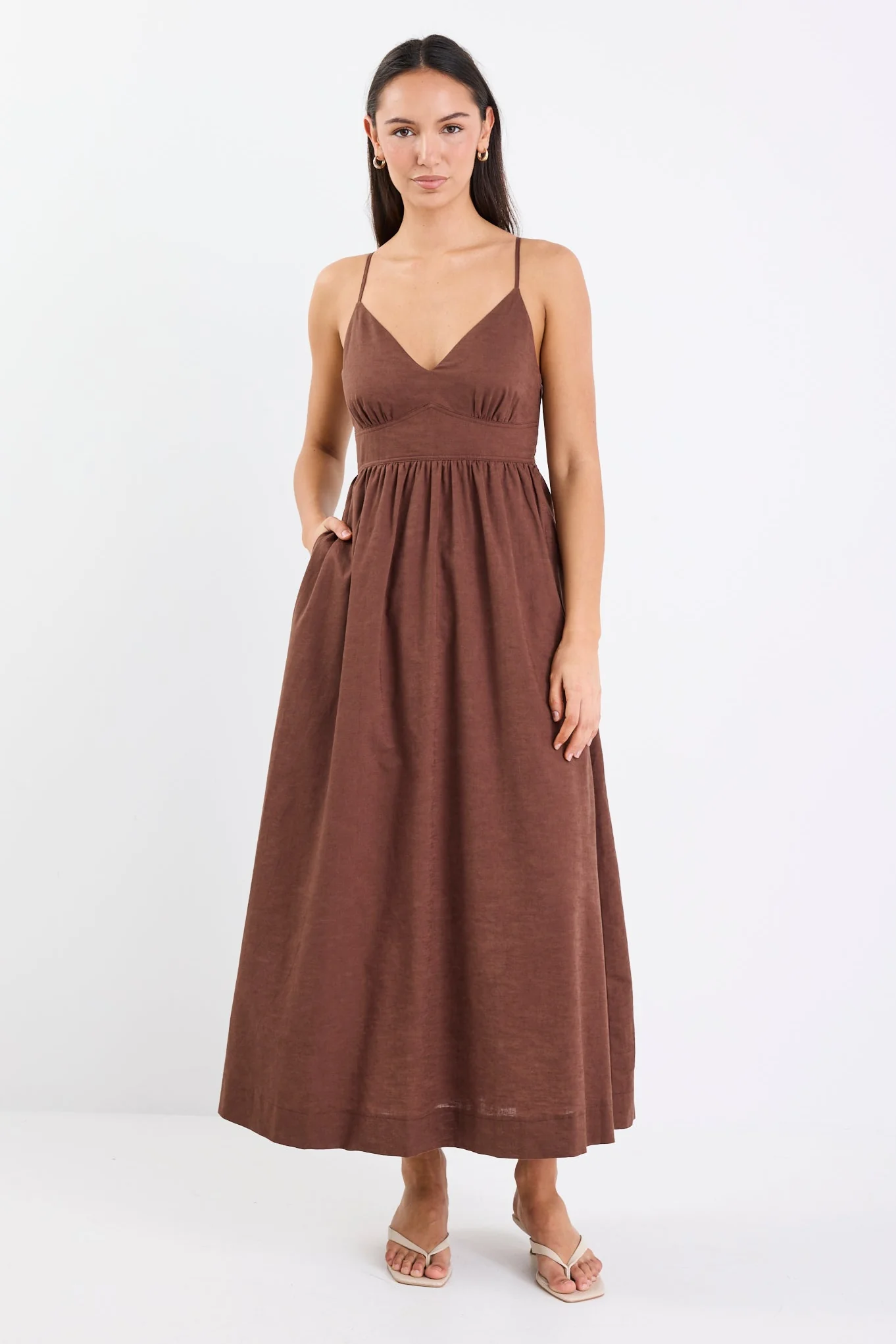 Heat Chocolate Linen Blend Strappy Midi Dress - Image 3