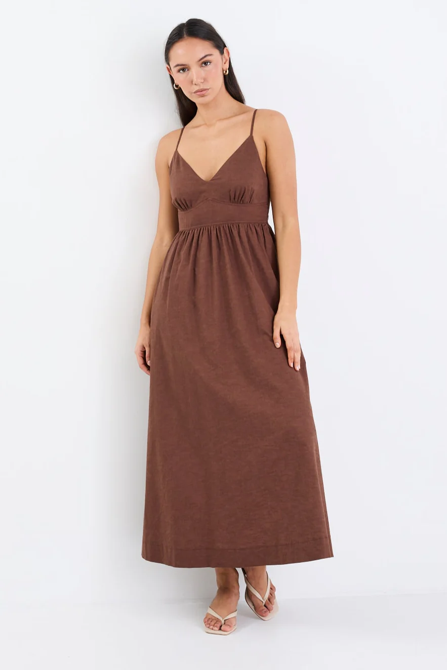 Heat Chocolate Linen Blend Strappy Midi Dress - Image 6