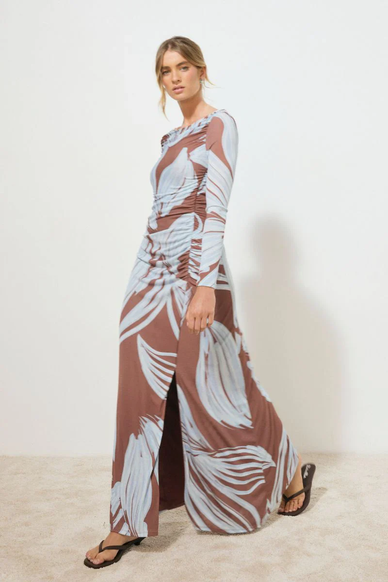 Heirloom Blue Floral Mesh Jersey LS Maxi Dress