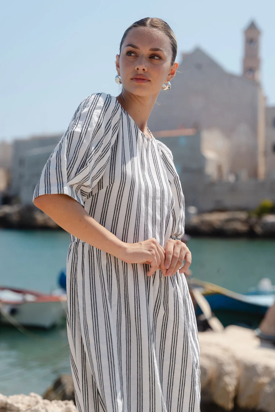 Hemisphere Ivory Black Stripe Cotton Short Sleeve Relaxed Midi Dress - Image 2