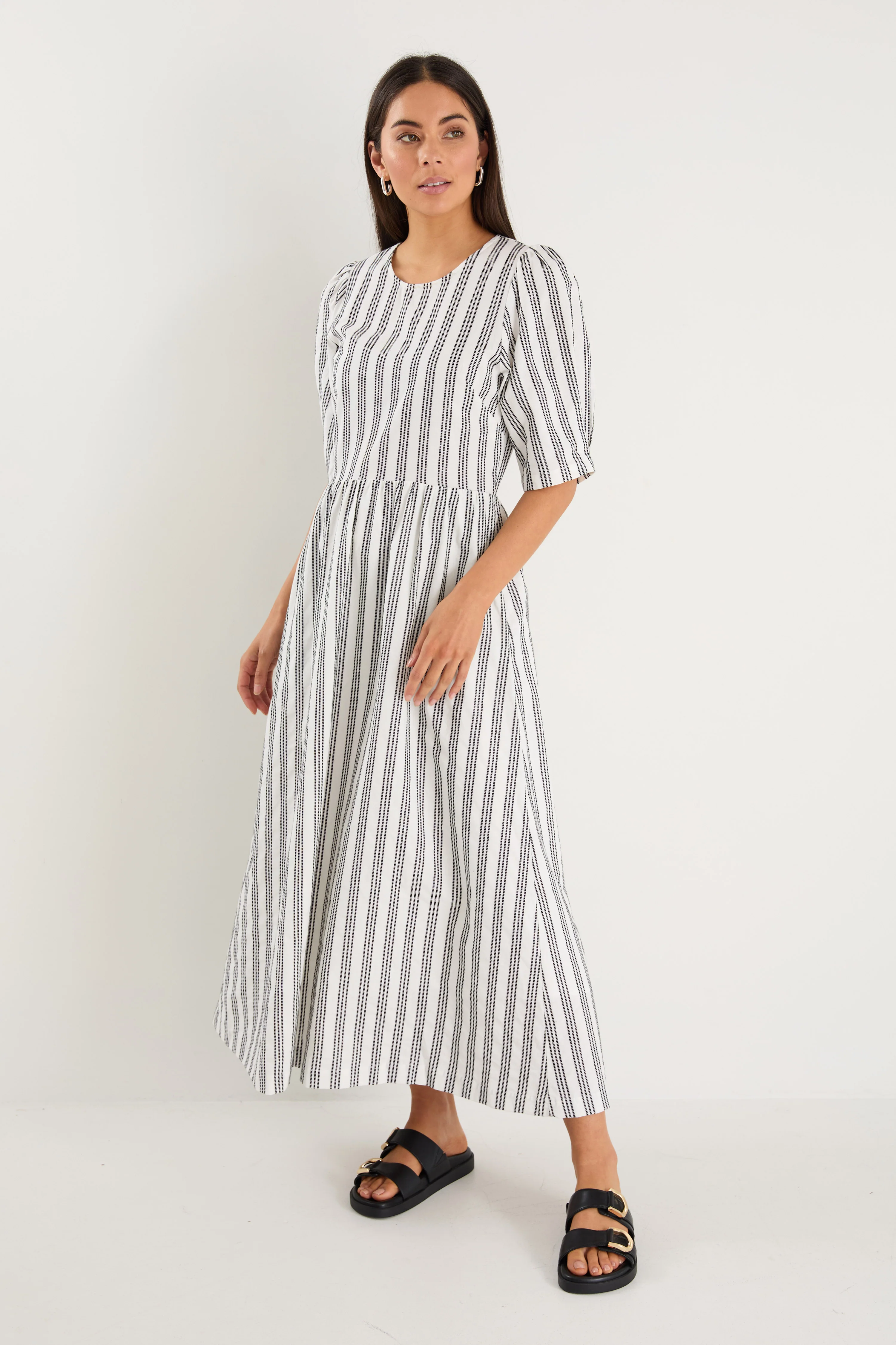 Hemisphere Ivory Black Stripe Cotton Short Sleeve Relaxed Midi Dress - Image 3