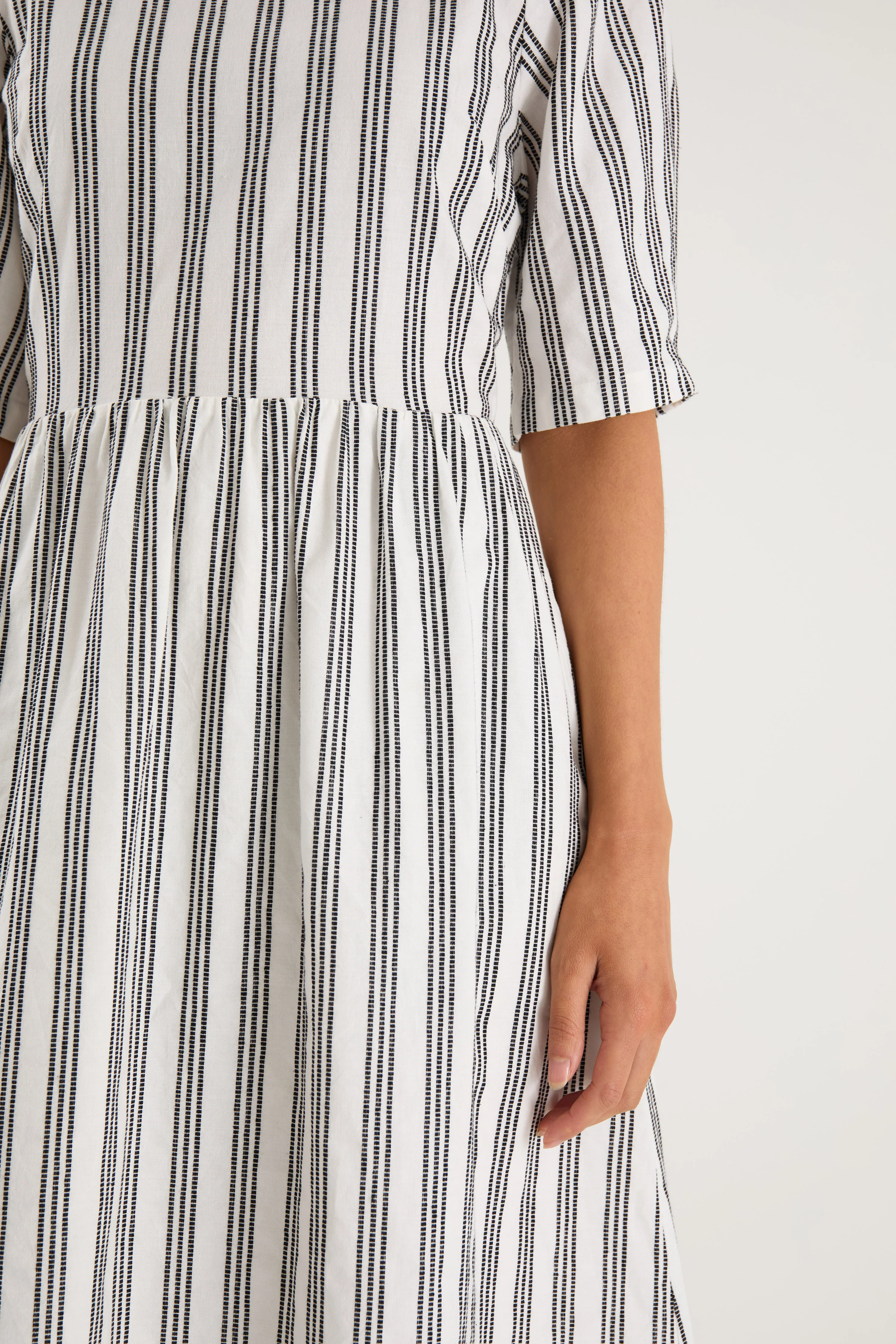 Hemisphere Ivory Black Stripe Cotton Short Sleeve Relaxed Midi Dress - Image 5