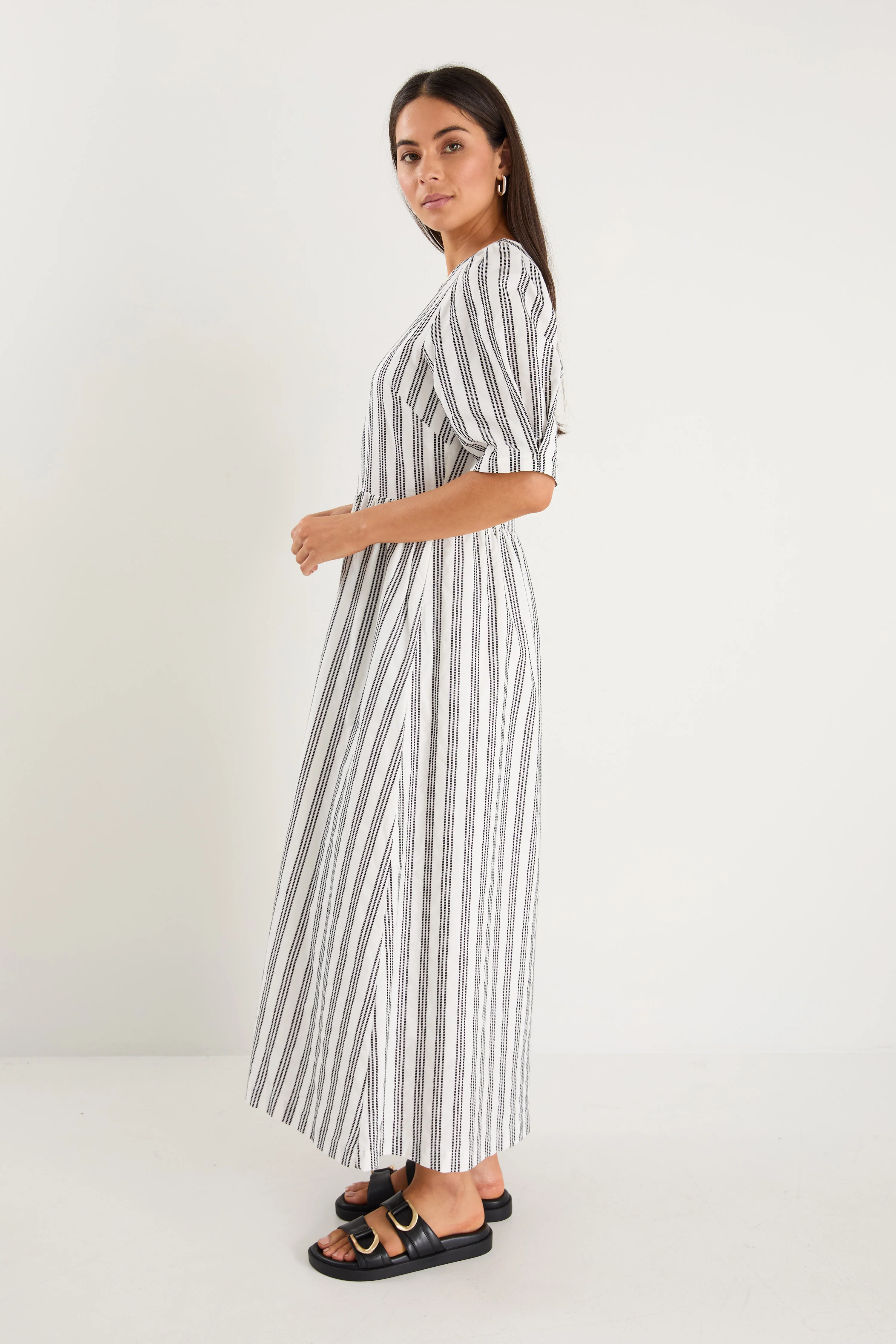 Hemisphere Ivory Black Stripe Cotton Short Sleeve Relaxed Midi Dress - Image 6