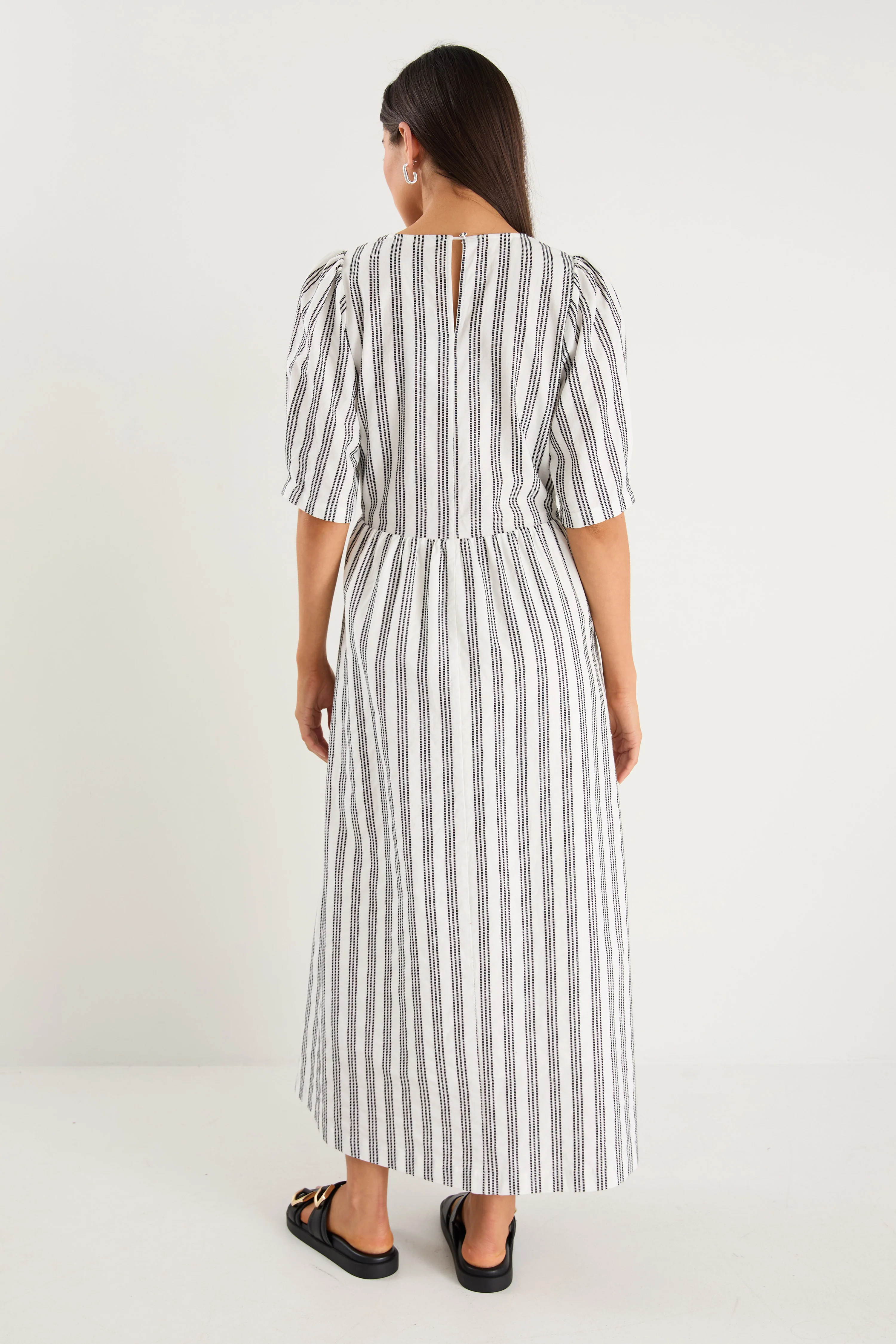 Hemisphere Ivory Black Stripe Cotton Short Sleeve Relaxed Midi Dress - Image 7