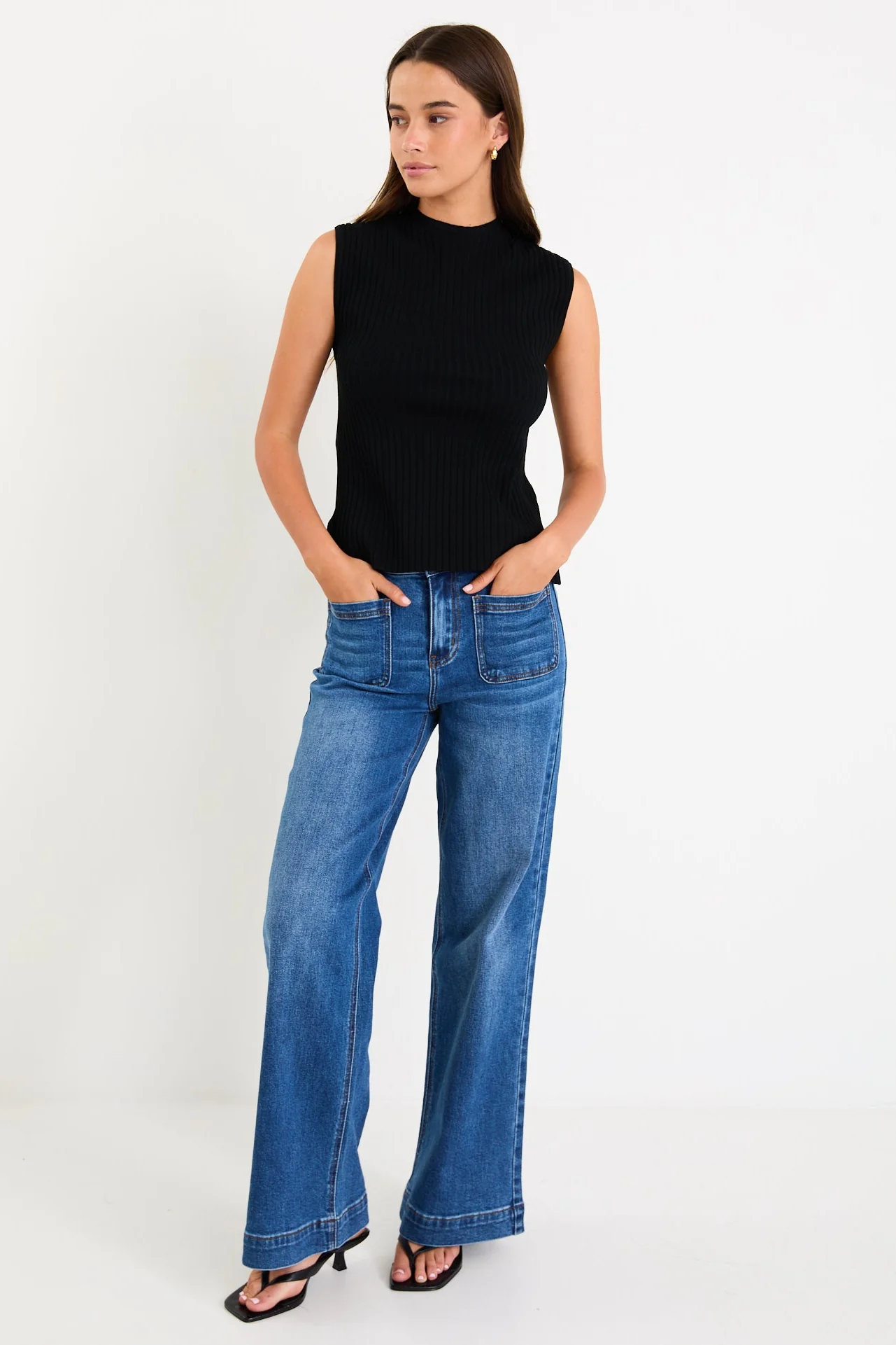 Heroic Black Sleeveless Funnel Neck Rib Knit Top - Image 2