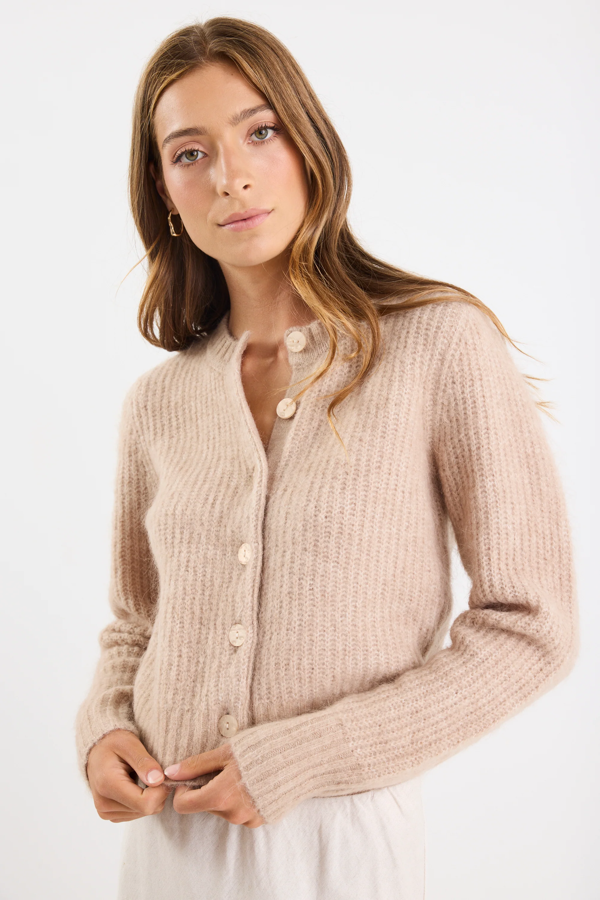 Highlight Biscuit Mohair Blend Crewneck Cardigan - Image 2