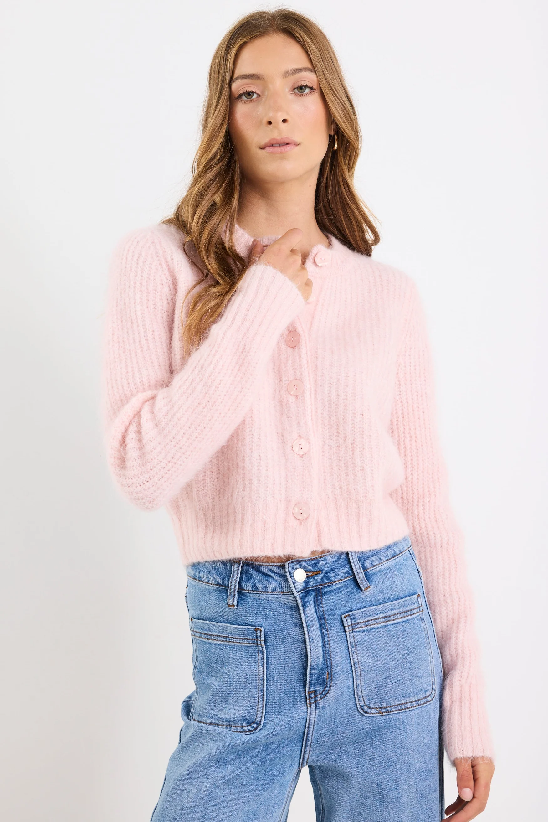 Highlight Blush Mohair Blend Crewneck Cardigan - Image 4