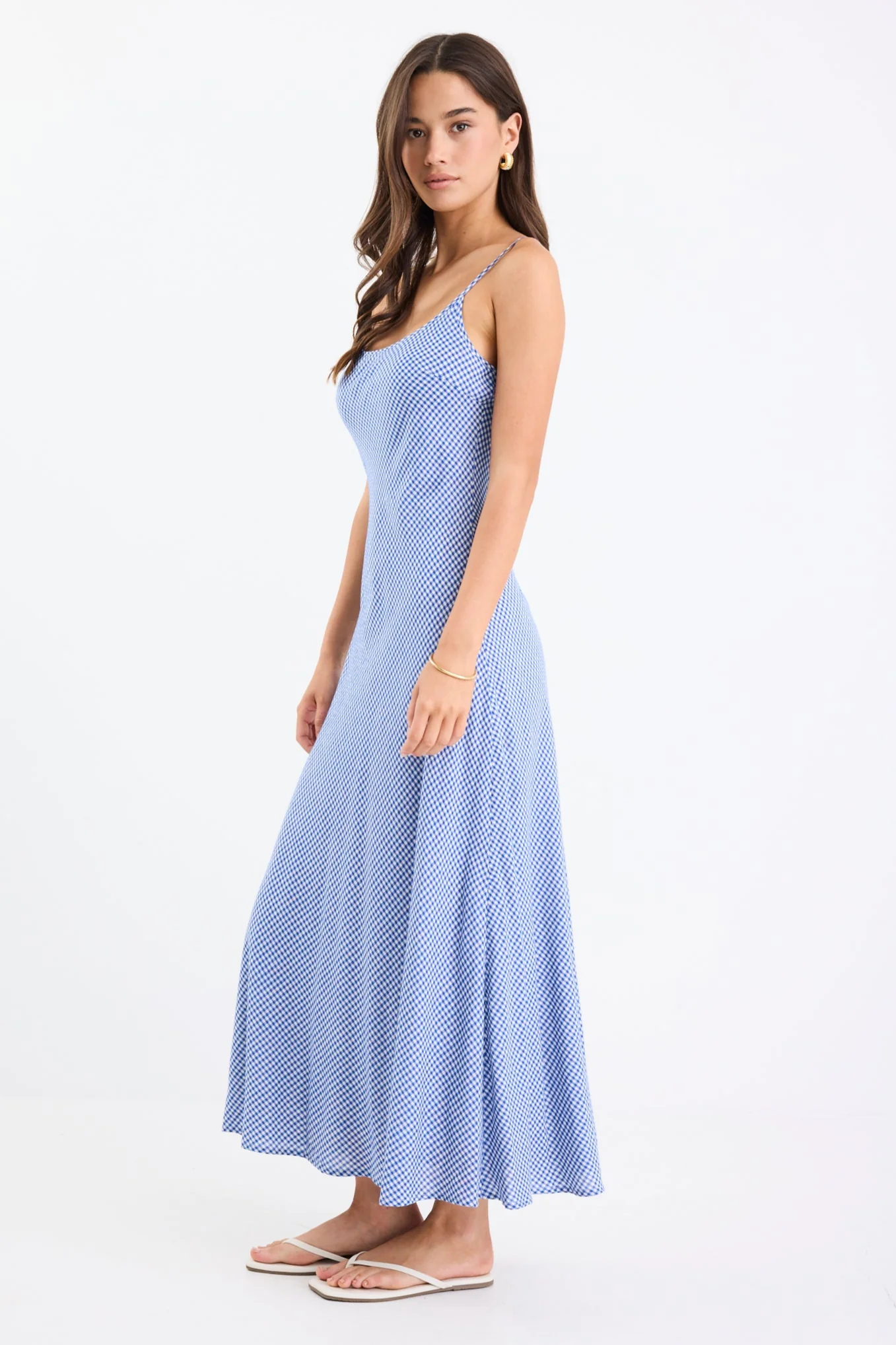Hologram Electric Blue Mini Gingham Strappy Bias Slip Maxi Dress - Image 4