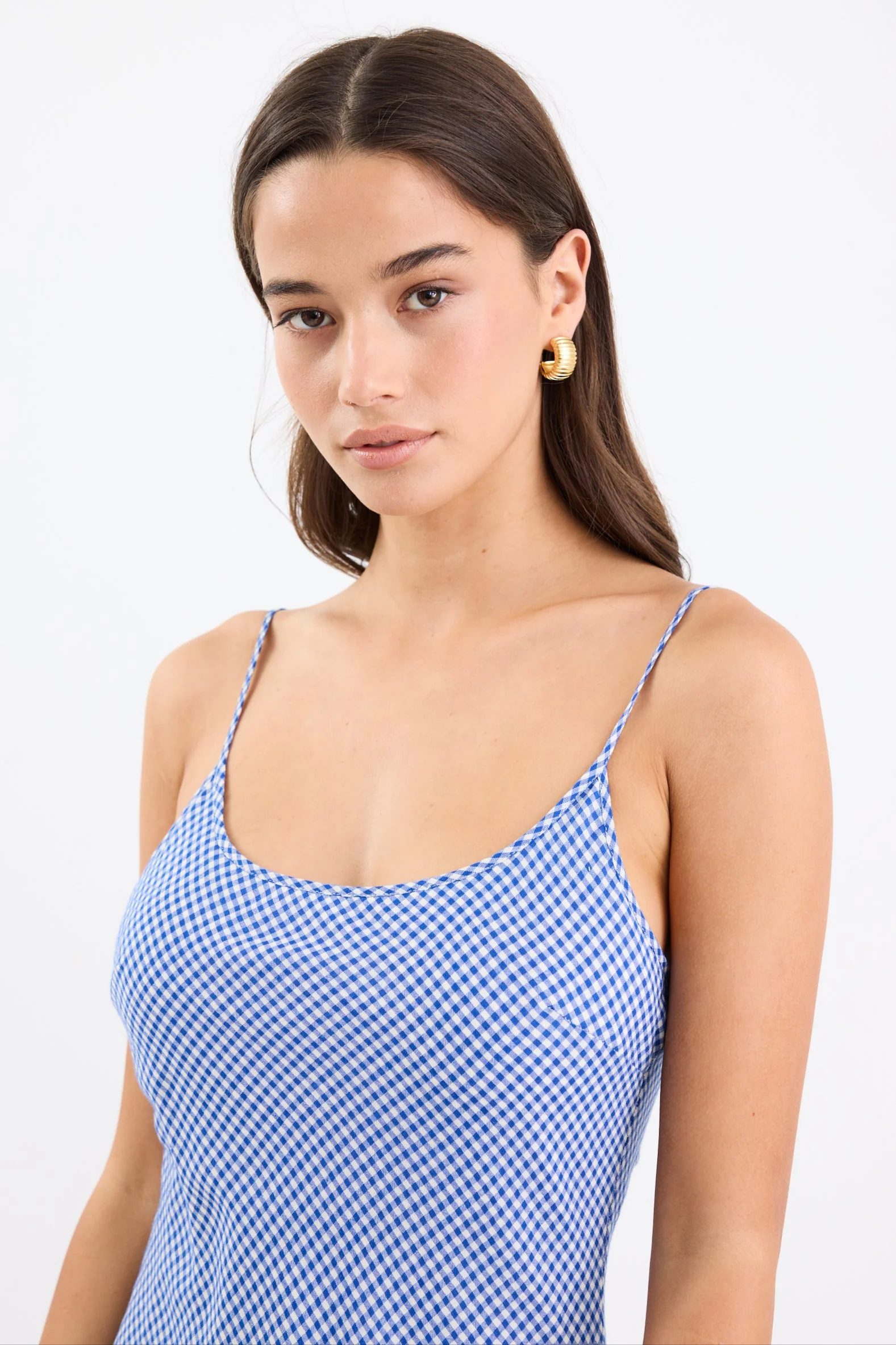 Hologram Electric Blue Mini Gingham Strappy Bias Slip Maxi Dress - Image 5