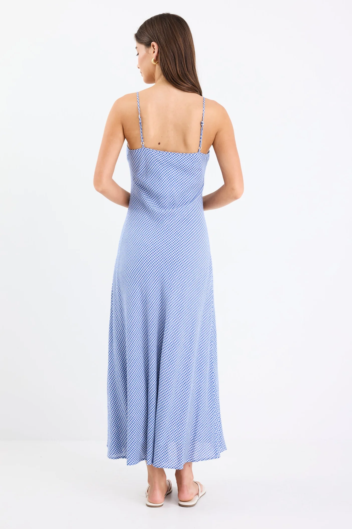 Hologram Electric Blue Mini Gingham Strappy Bias Slip Maxi Dress - Image 6