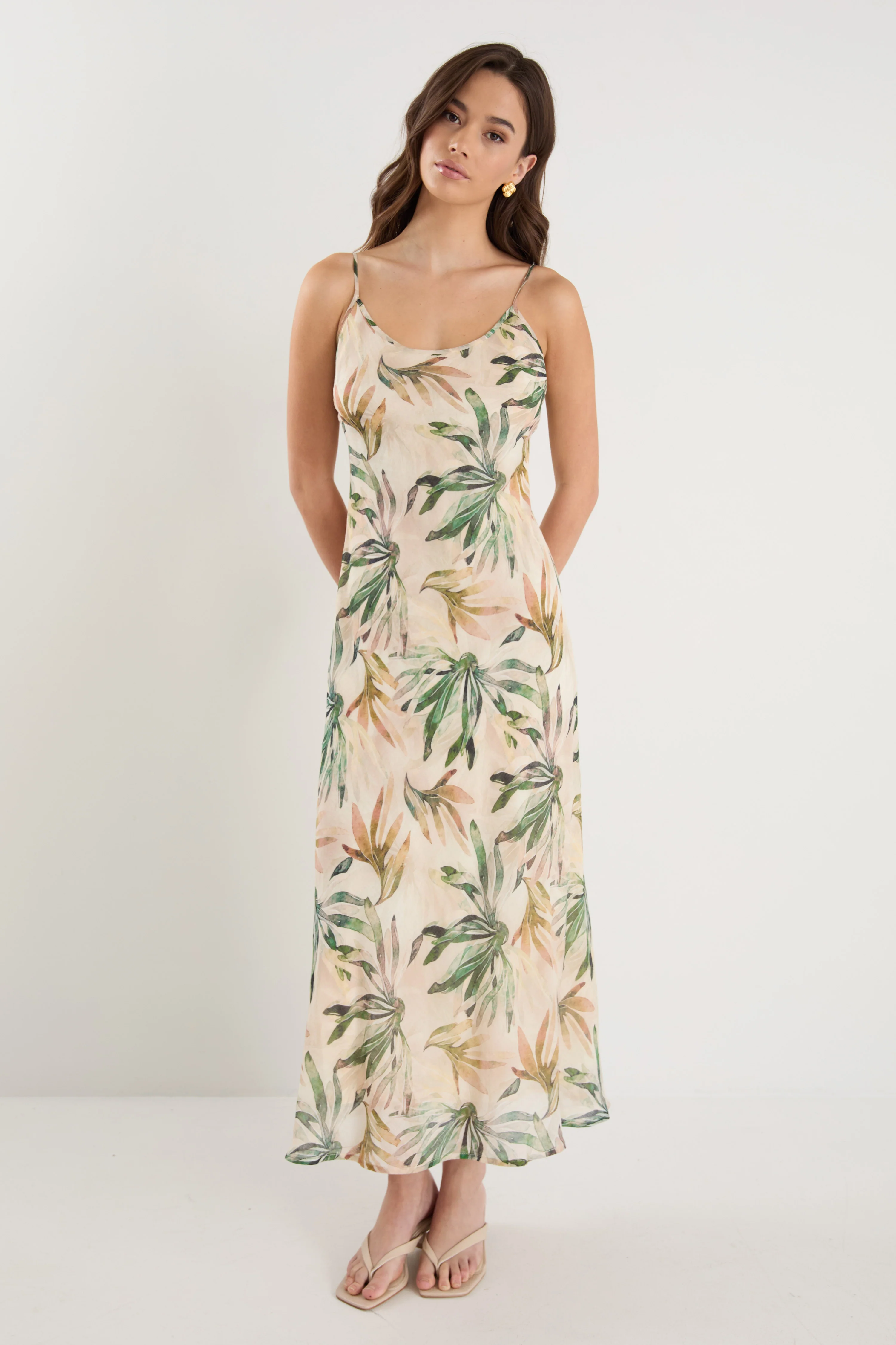 Hologram Palm Breeze Print Bias Slip Midi Dress