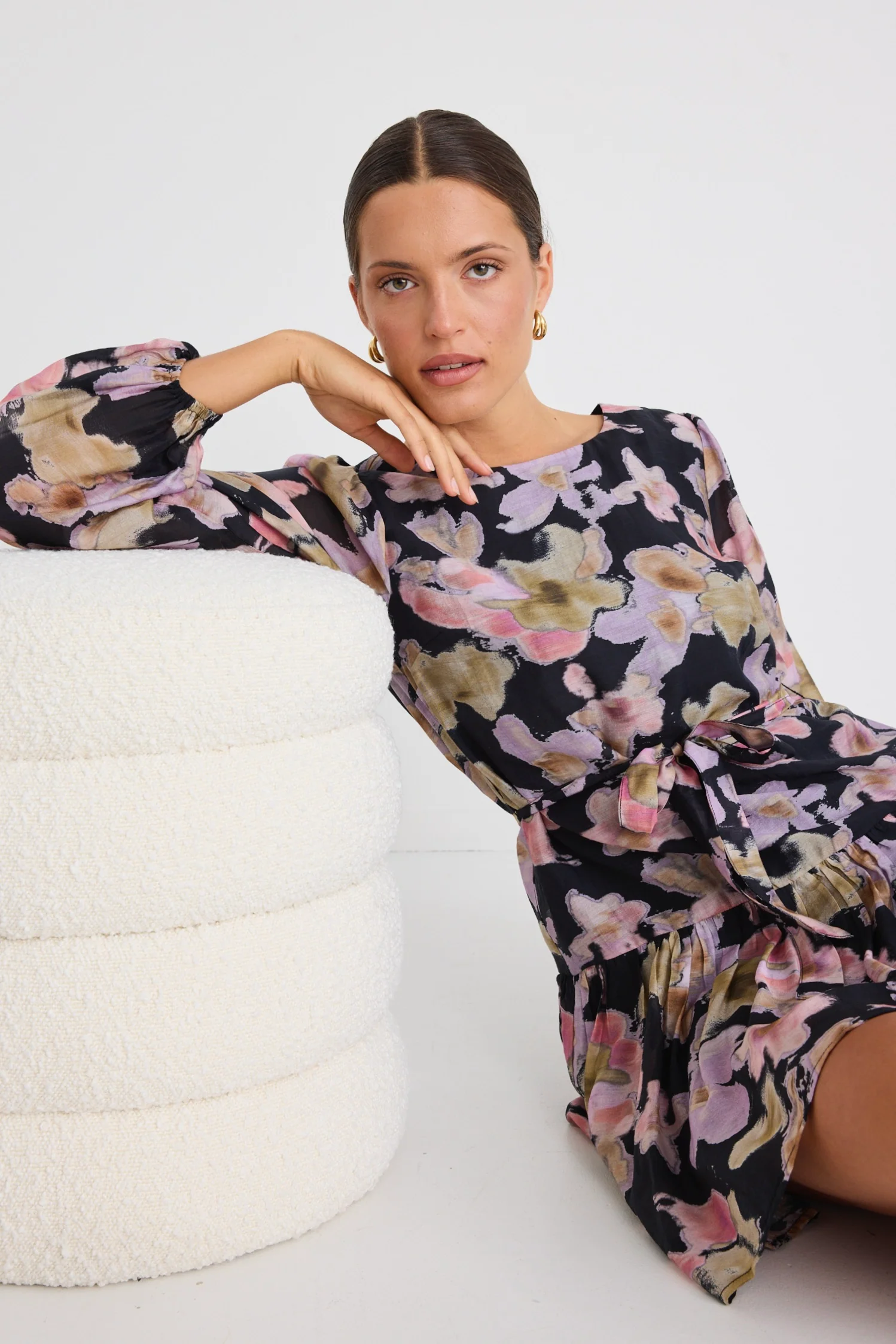 Host Black Pressed Flower Balloon Sleeve Drop Waist Mini Dress