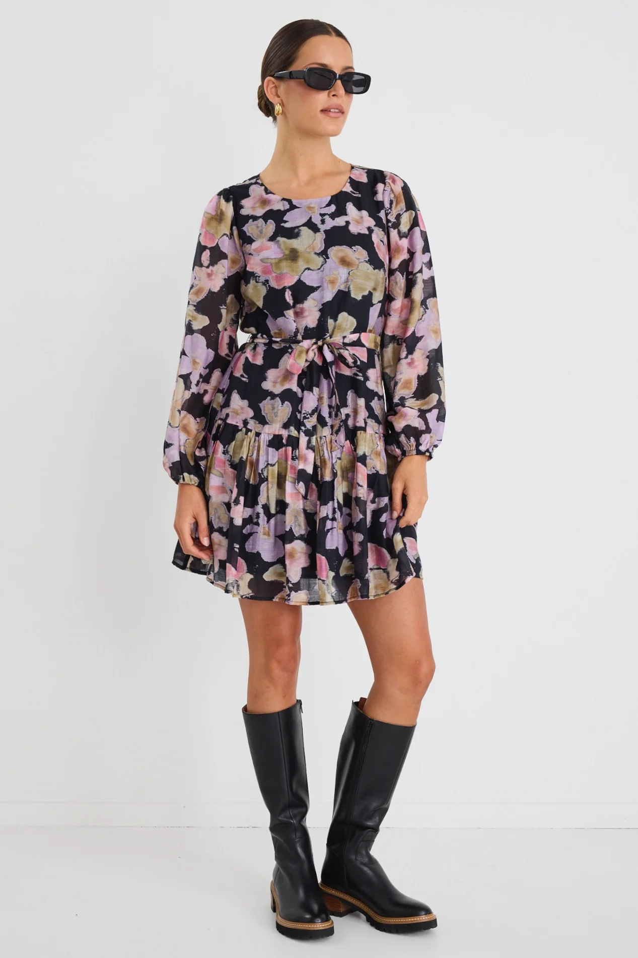 Host Black Pressed Flower Balloon Sleeve Drop Waist Mini Dress - Image 2