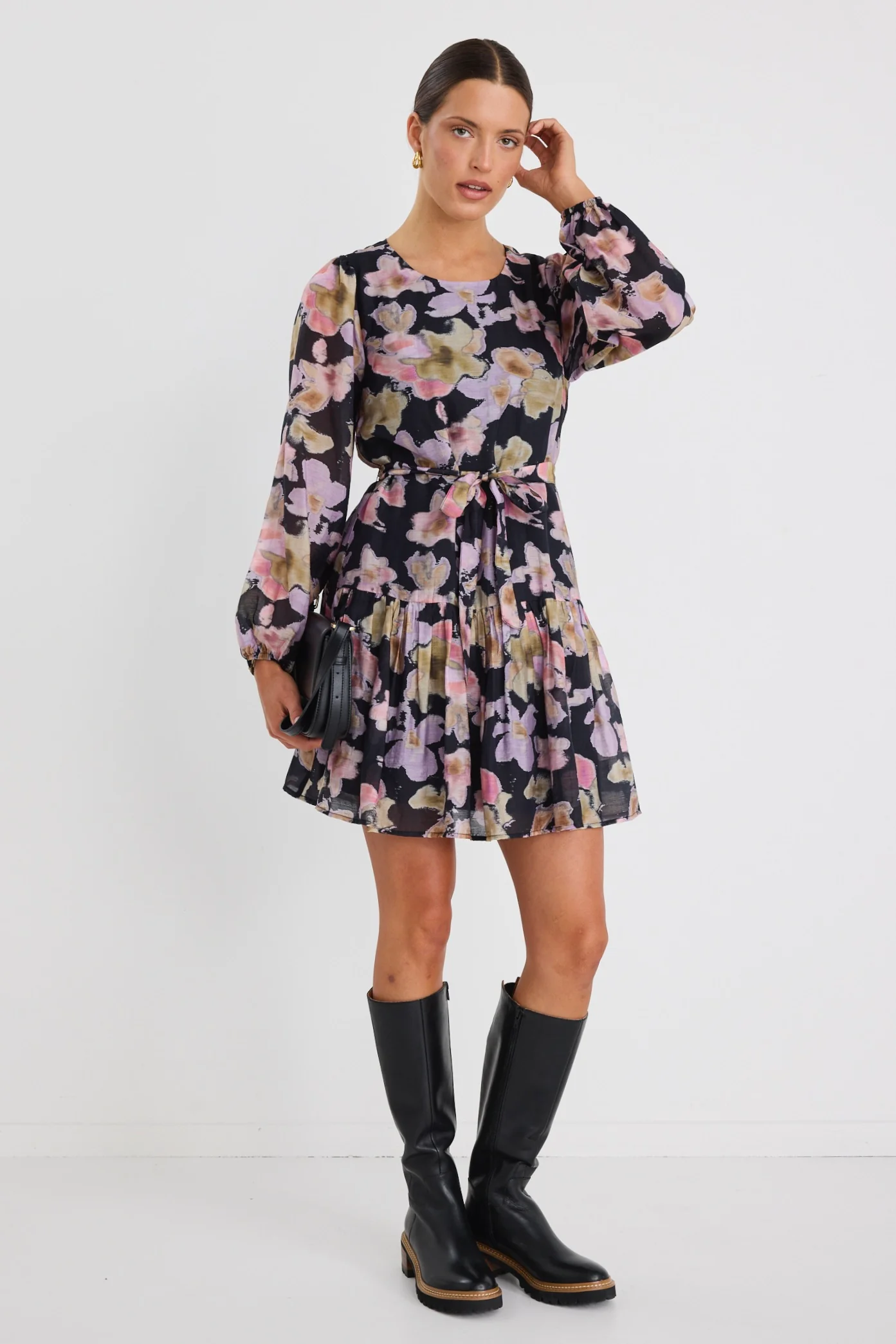 Host Black Pressed Flower Balloon Sleeve Drop Waist Mini Dress - Image 4